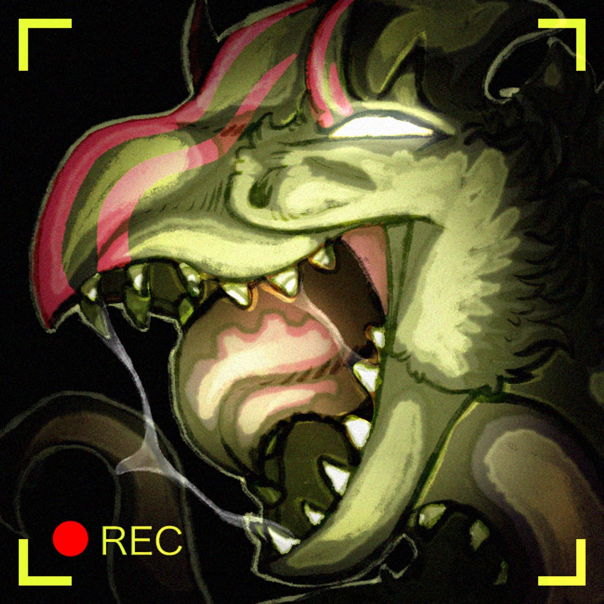 A cartoon trailcam icon of a dinosaurid avian creature opening it's mouth with drool and a glowing eye