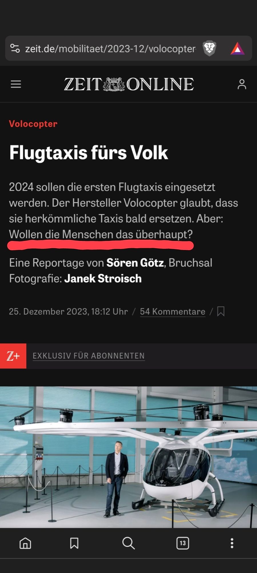 Volocopter
:
Flugtaxis fürs Volk
2024 sollen die ersten Flugtaxis eingesetzt werden. Der Hersteller Volocopter glaubt, dass sie herkömmliche Taxis bald ersetzen. Aber: Wollen die Menschen das überhaupt?