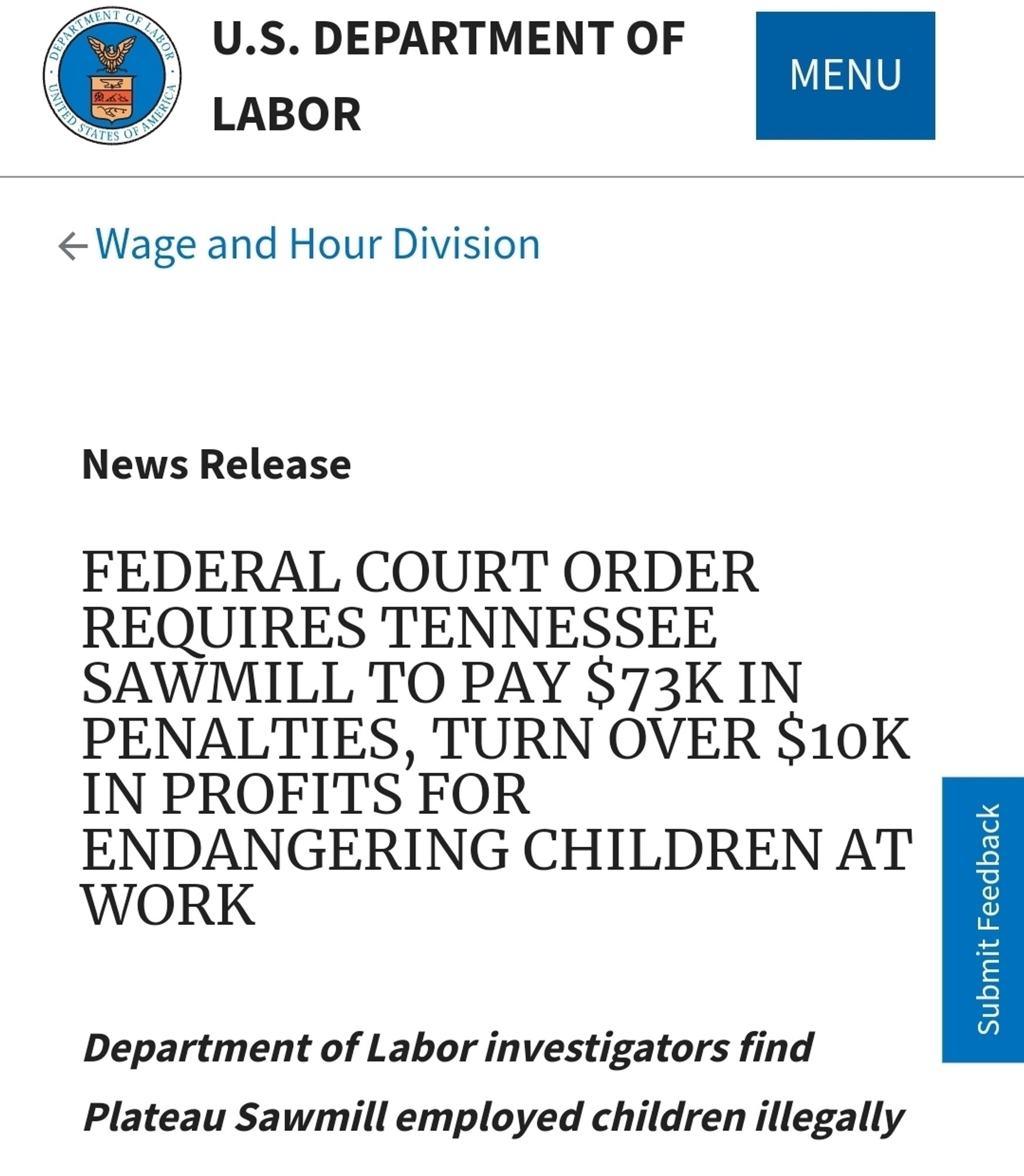 FEDERAL COURT ORDER REQUIRES TENNESSEE SAWMILL TO PAY $73K IN PENALTIES, TURN OVER $10K IN PROFITS FOR ENDANGERING CHILDREN AT WORK