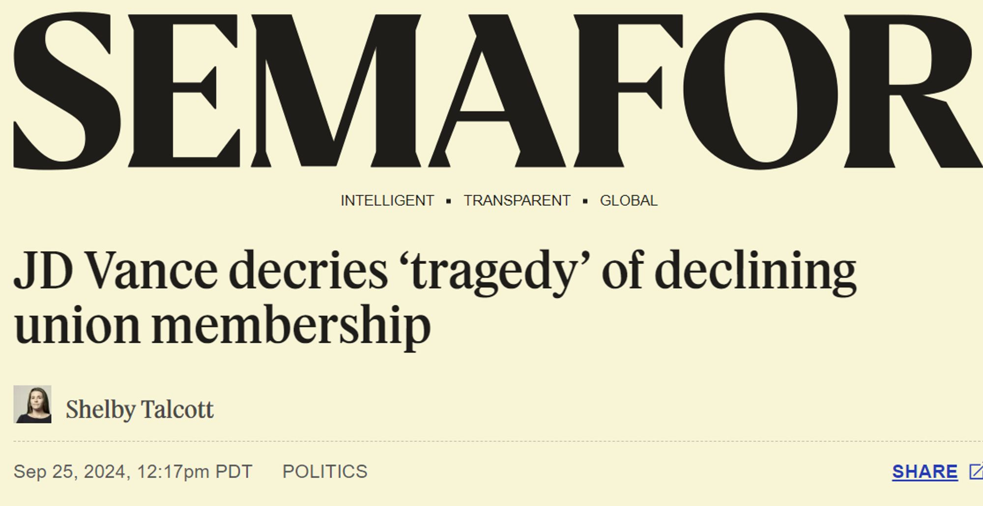 Headline: JD Vance decries ‘tragedy’ of declining union membership