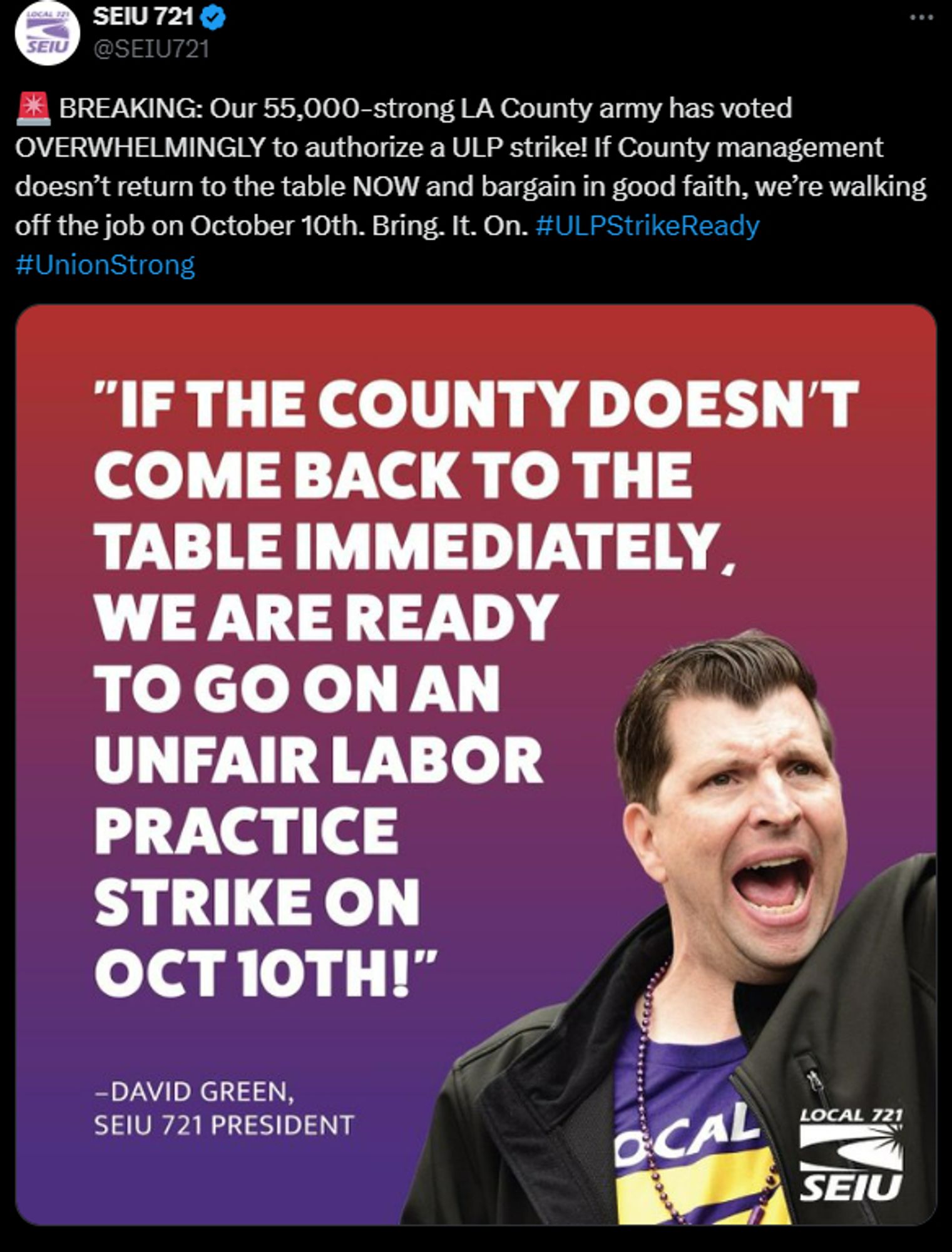 a tweet announcing the potential strike of 55,000 members