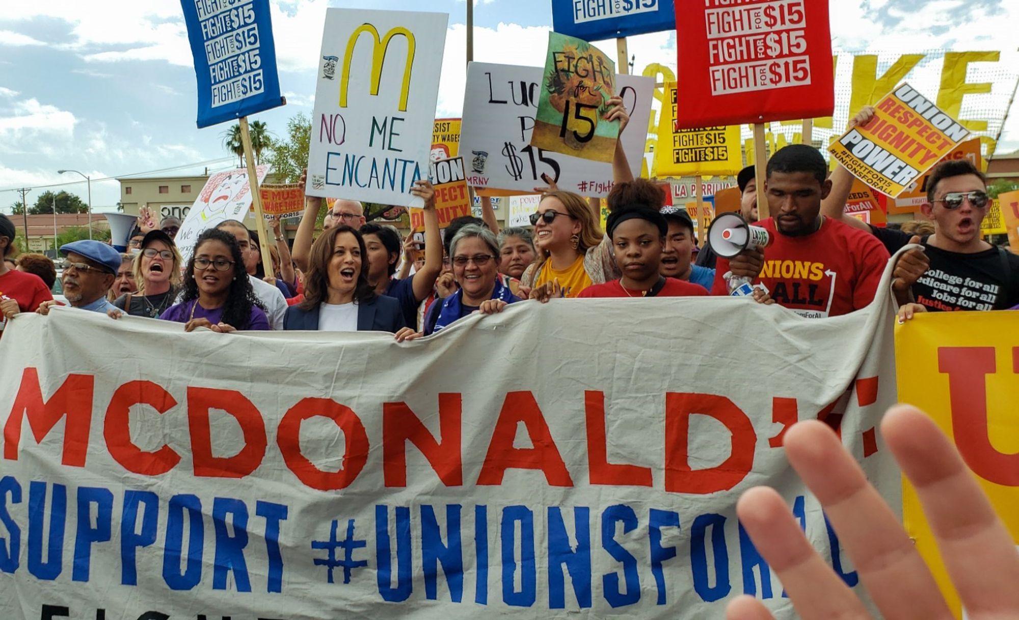 Kamala Harris marches behind a McDonald's: Support #UnionsForAll banner on June 14, 2019. It peaked at 108 degrees that day.