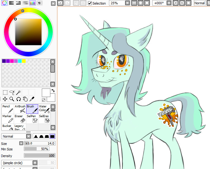 a light aqua unicorn with orange-yellow eyes and the flingza badge from splatoon as his cutie mark. he has freckles and a beard. 