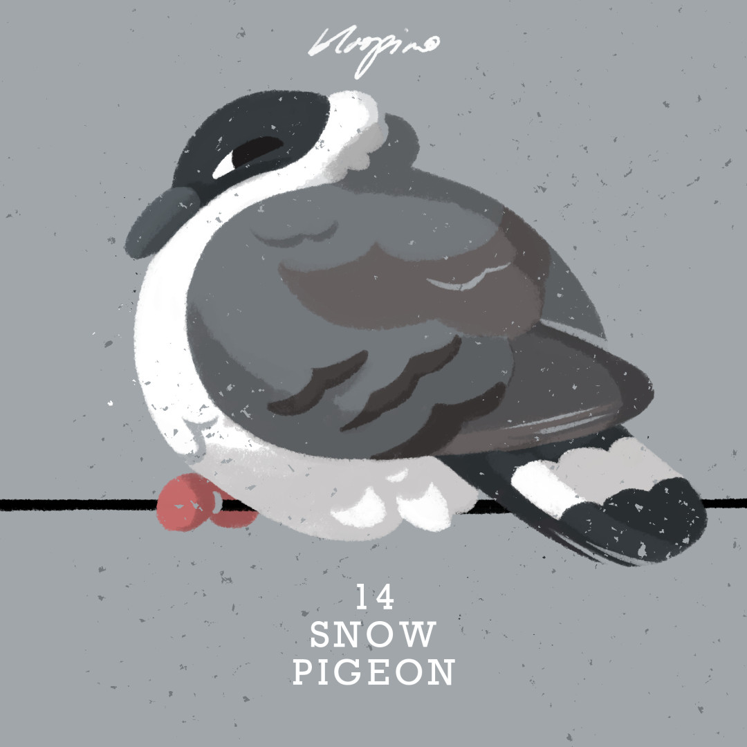 Digital illustration of a cold snow pigeon, grey-brown with a white belly, hanging out on a wire, giving a strong side-eye while puffed to max floof trying to stay warm from the chill.