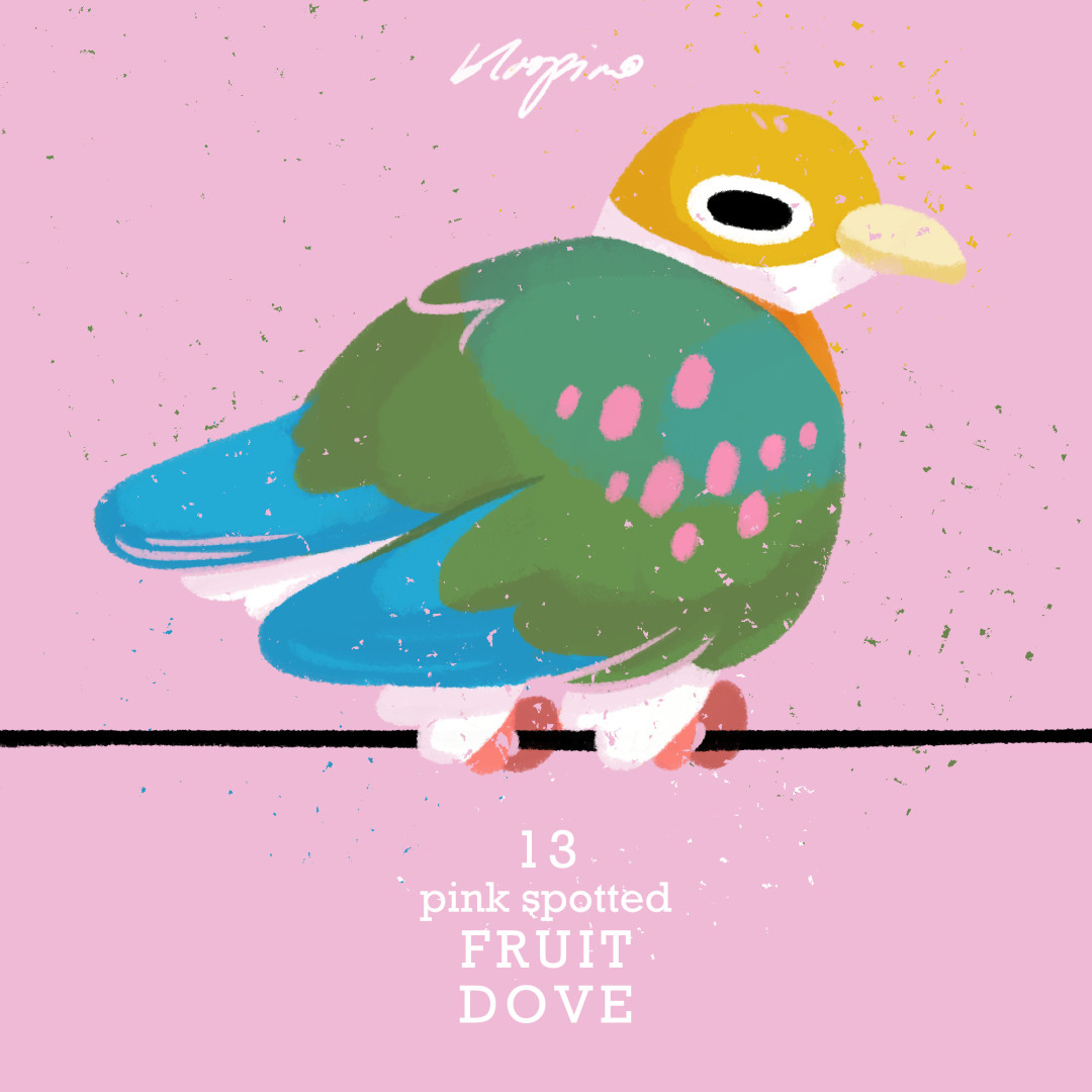 Digital illustration of a colourful bird on a wire, green and blue and yellow with pink spots on its wings.