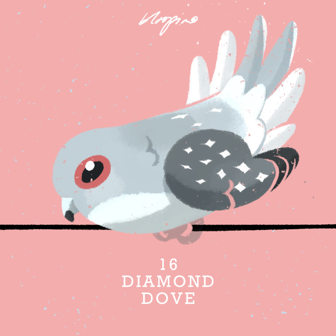 Digital illustration of a grey dove on a wire, head bowed and tail feathers fanned out behind it, diamond shaped spots on its wings and back.