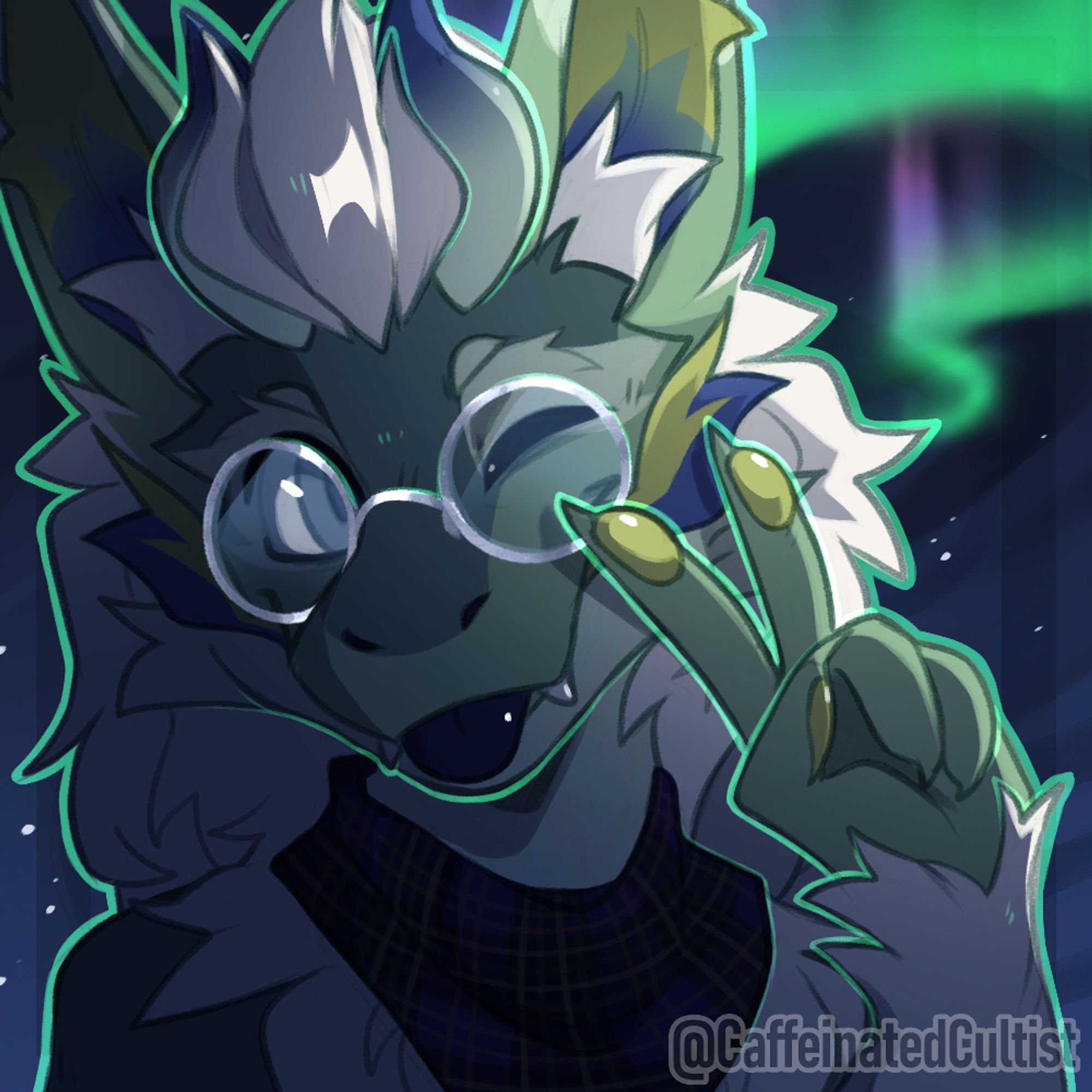 Furry character making a peace sign with a beautiful aurora background.