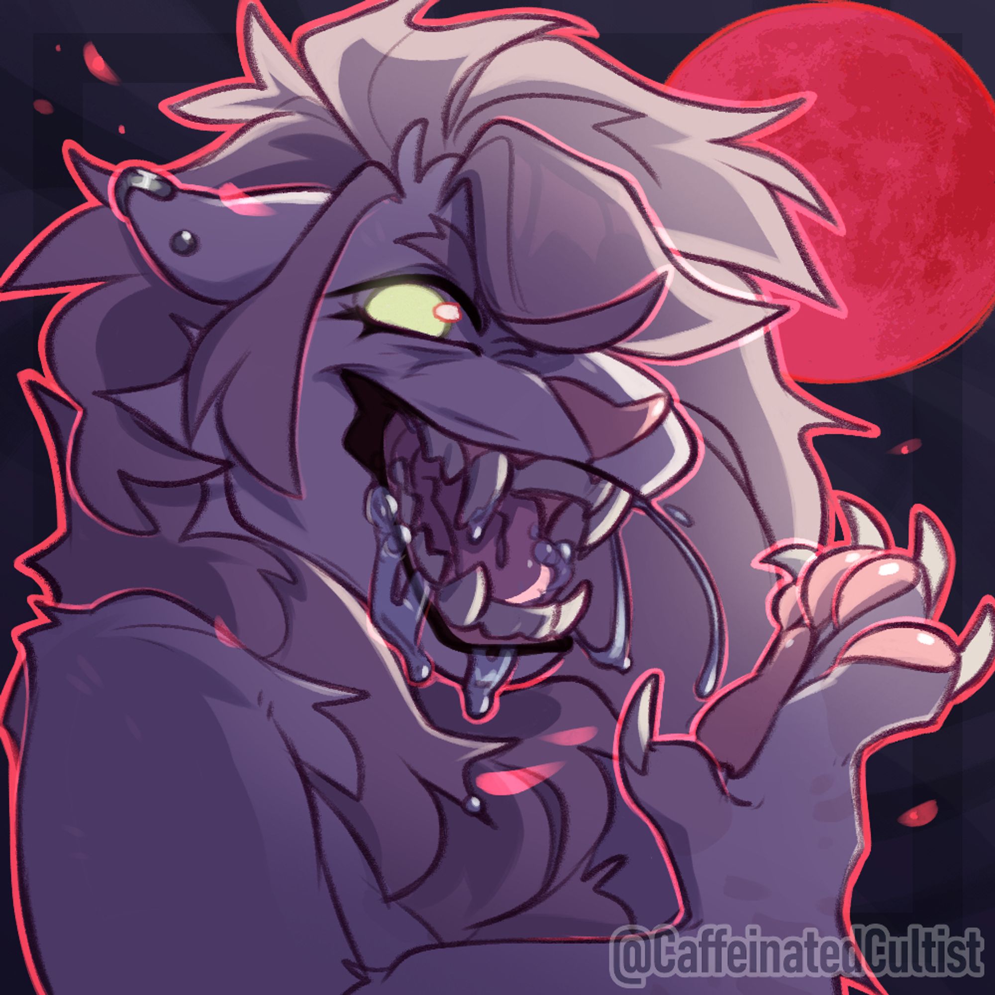 Furry character, post-transformation during a blood moon. Spooky season is upon us soon!