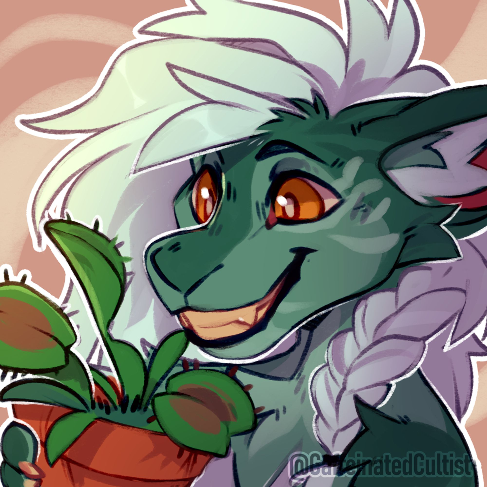 Furry character, smiling and holding a potted plant.