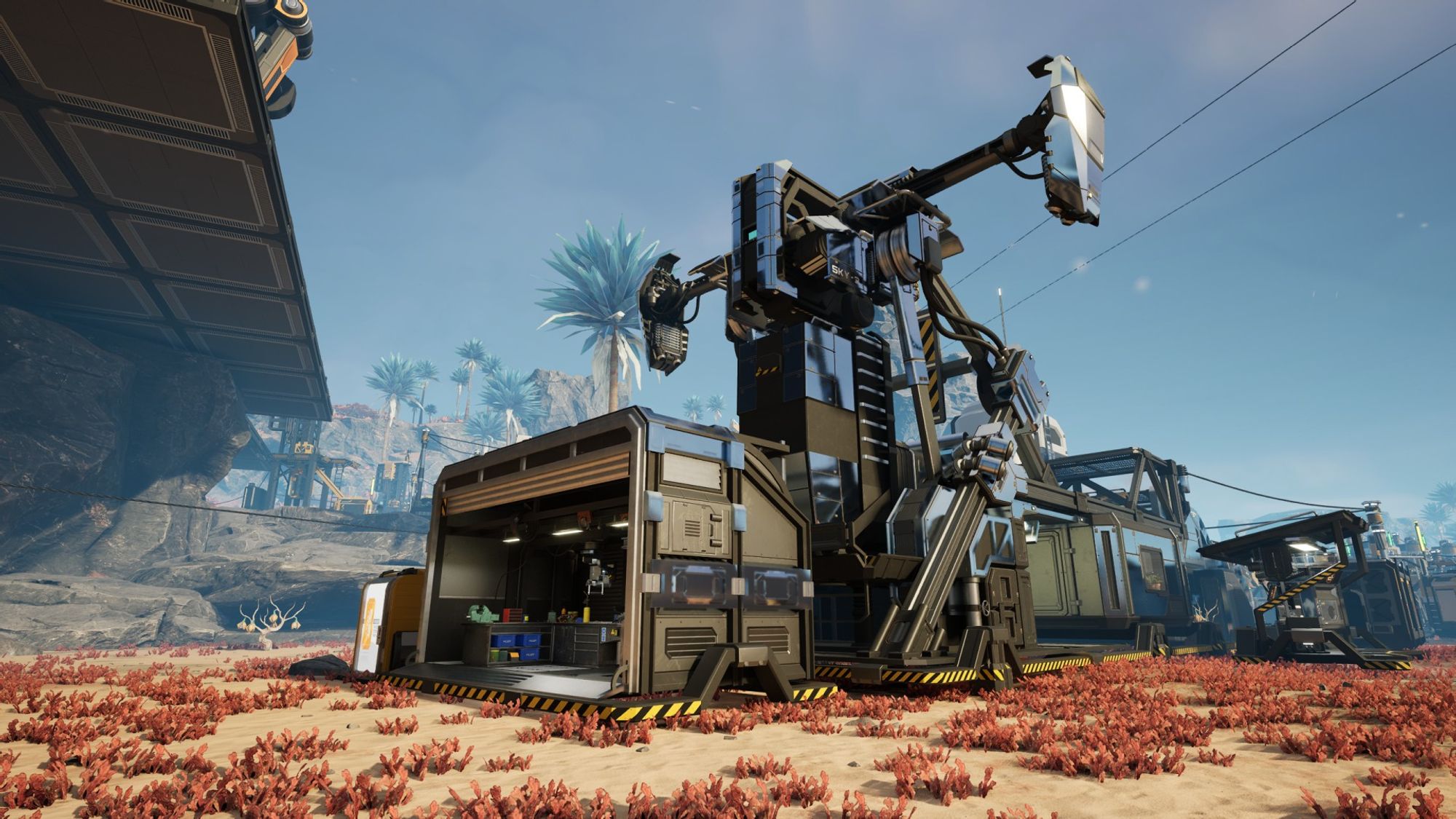 Satisfactory video game screenshot: A view of the "Hub" building and a nearby workbench, both of which have been cosmetically altered to be covered in chrome plating.