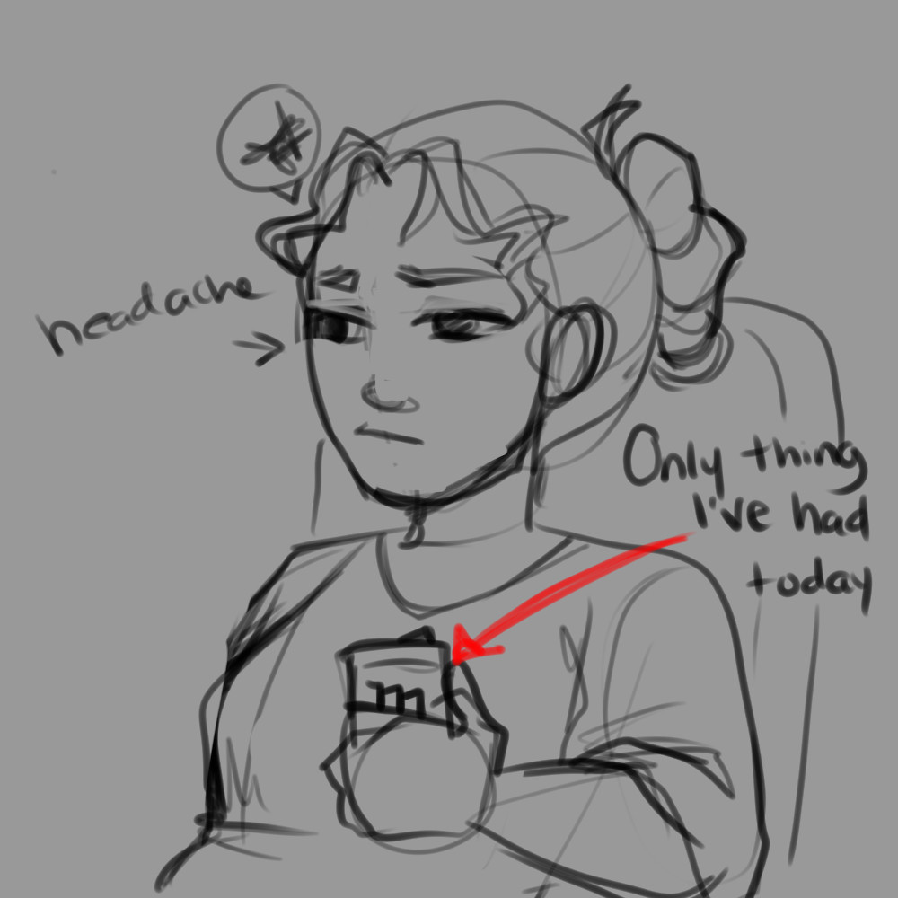 a sketch of a woman with a monster can. text saying "headache" points to her head below a scribble speech bubble. Another arrow points to a monster energy drink can, with the text "only thing i've had today"