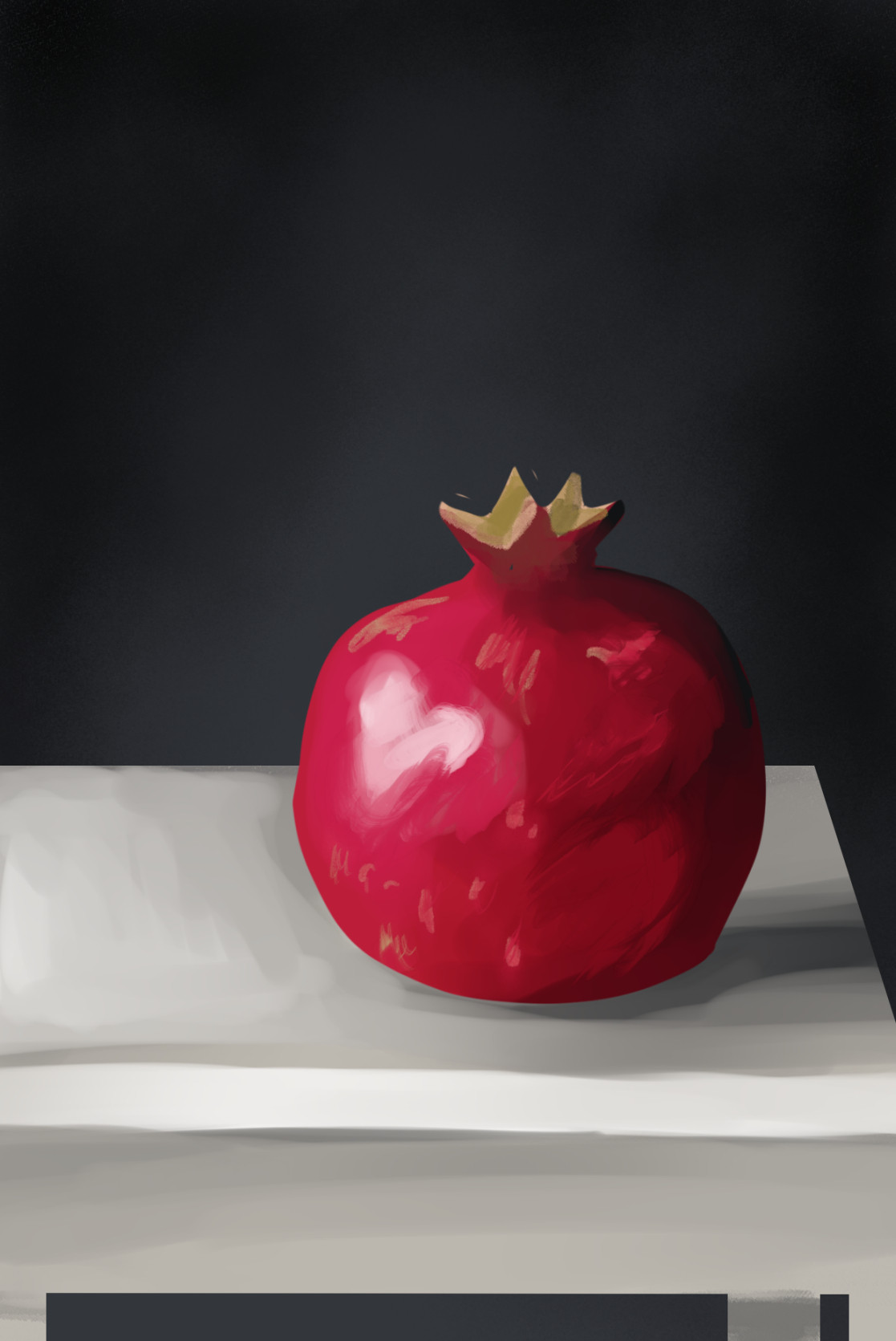 A red pomegranate sits on a white table with a black background.