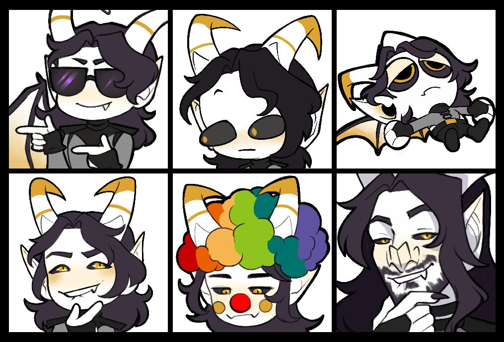 Six Emotes. All featuring a white devil with black hair and gold tips. Emotes include: Sunglasses with finger guns, bulging eyes in shock, tired and sprawled out on the ground, lip biting, clown, and a more detailed lip bite