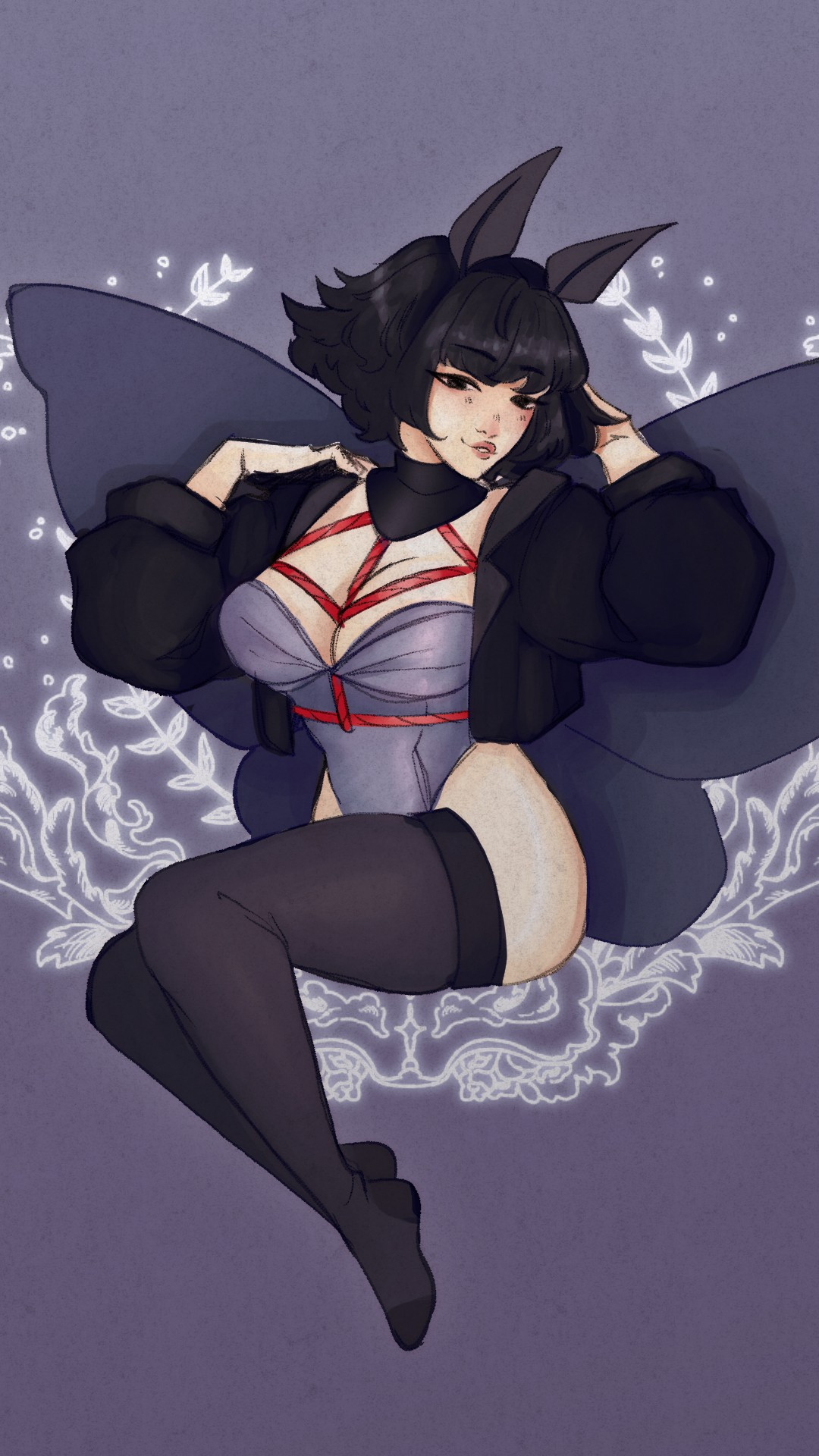 A fairy woman in a seated pin up pose. She has dark blue wings and large grey moth antennae. She wears a purple one piece, black semi transparent thigh highs, and a cropped black jacket. Red ropes criss cross over her torso and under her chest.