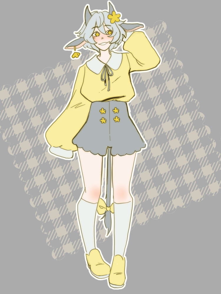 A pale boy with flower shaped irises and grey hair, goat horns, ears, and tail casually smiles. He wears a yellow sweater tucked into his grey, scallop edged shorts with white knee highs and yellow shoes. A yellow bow is tied around his tail and a grey bow rests under his white peter pan collar. Yellow flowers adorn his ears, shorts buttons, and hair.