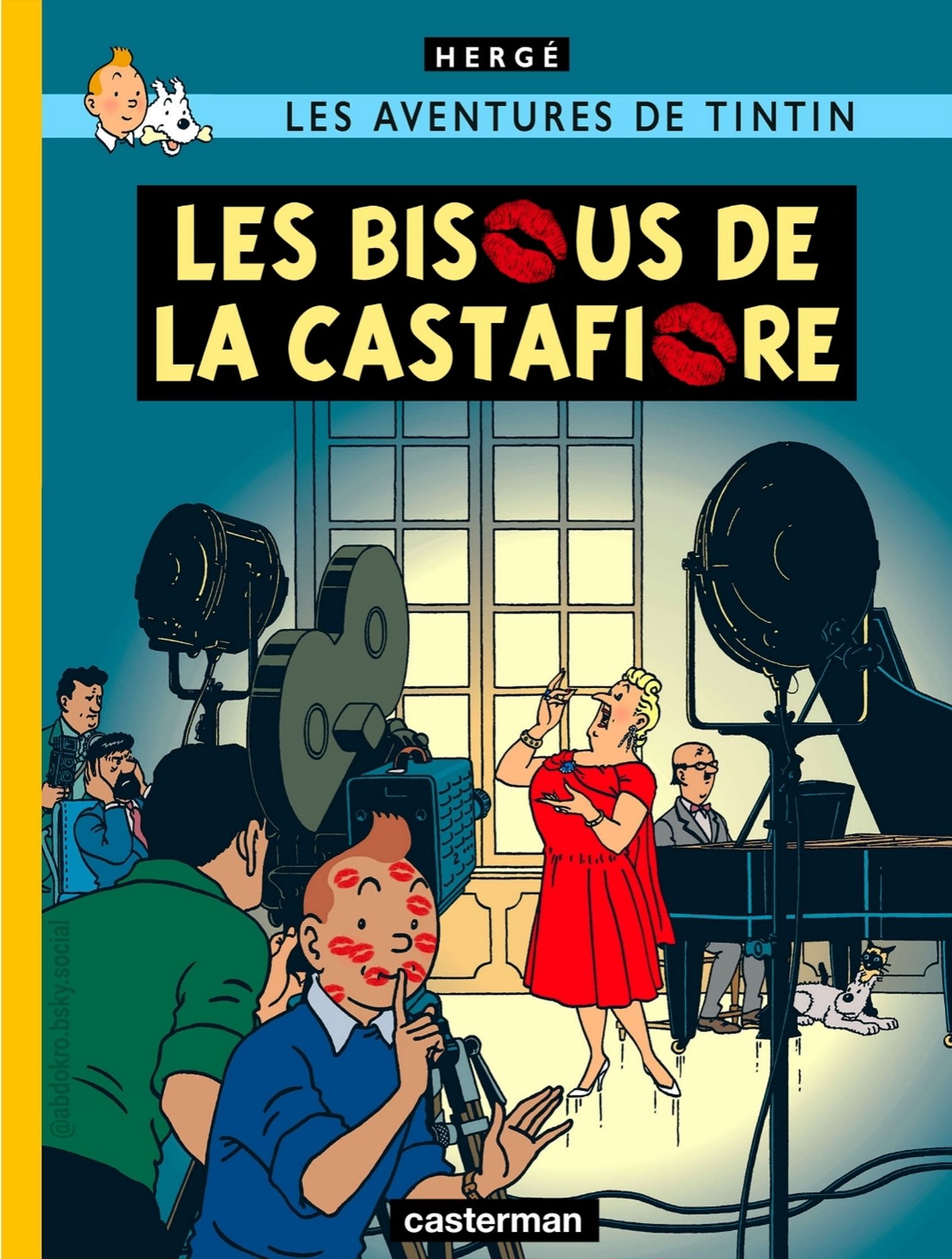 Album de Tintin "Les bijoux de la Castafiore" renommé "Les bisous de la Castafiore".
Dans le titre les lettres O ont été remplacées par des bisous.
Le visage de Tintin est recouvert de traces de rouge à lèvres.