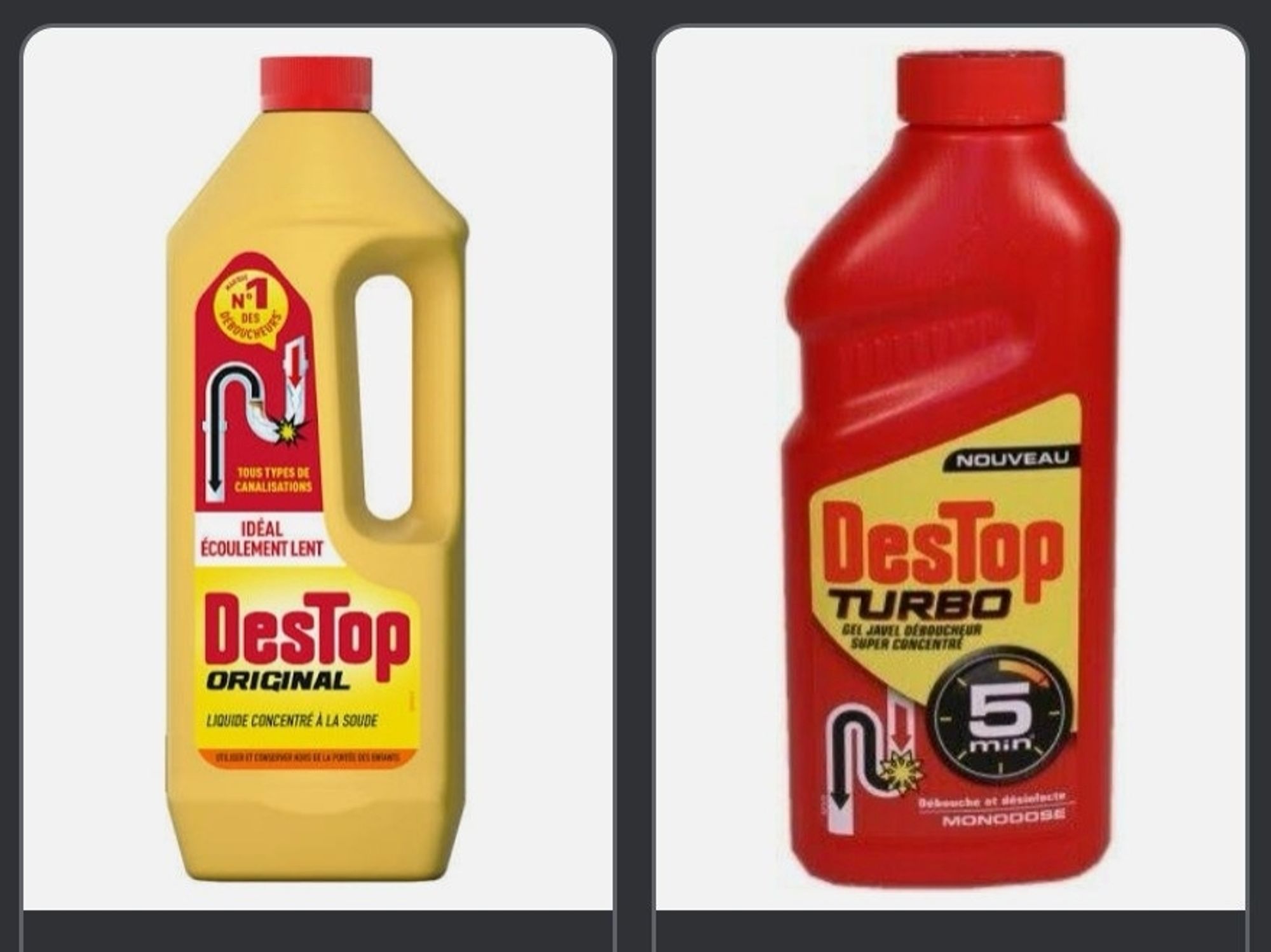 À gauche le destop original avec un conditionnement jaune.
À droite le destop turbo avec un conditionnement rouge.