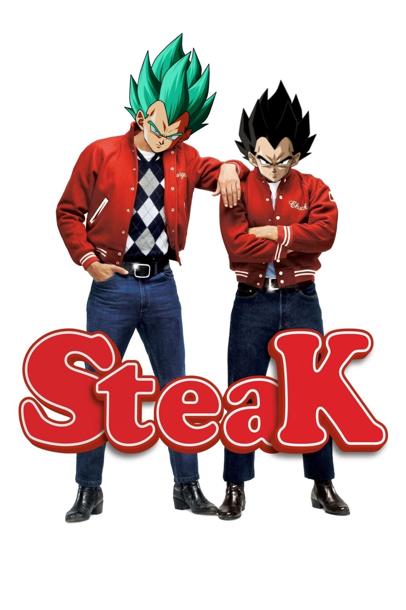 Affiche du film Steak de Quentin Dupieux avec Éric Judor et Ramzy Bedia. Ici la tête de Ramzy est remplacée par celle d'un personnage du manga Dragon Ball nommé Végéta (dans son mode Super Saiyan Bleu), tandis que la tête d'Éric est elle aussi remplacée par celle de Végéta mais en mode normal.