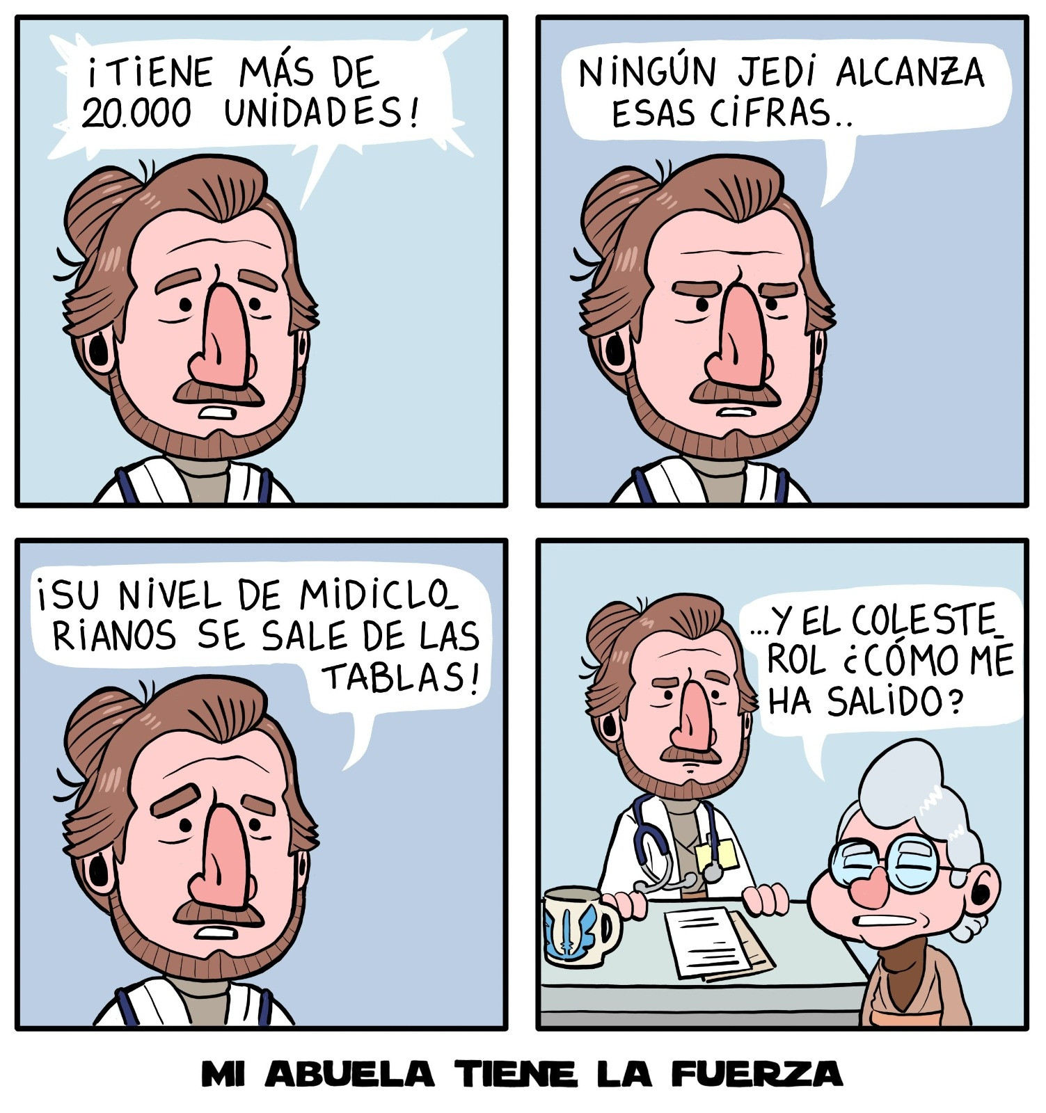 Comic de 4 paneles. Panel 1. Un hombre semejante a Qui Gon Jin exclama "¡Tiene más de 20.000 unidades!". Panel 2. Hombre: "Ningún jedi alcanza esas cifras". Panel 3. Hombre: "Su nivel de midiclorianos se sale de las tablas". Panel 4. Se abre el plano y vemos que el hombre es un doctor, la Abuela está frente a su escritorio, preguntando: "...y el colesterol, ¿Cómo me ha salido?". MI ABUELA TIENE LA FUERZA 