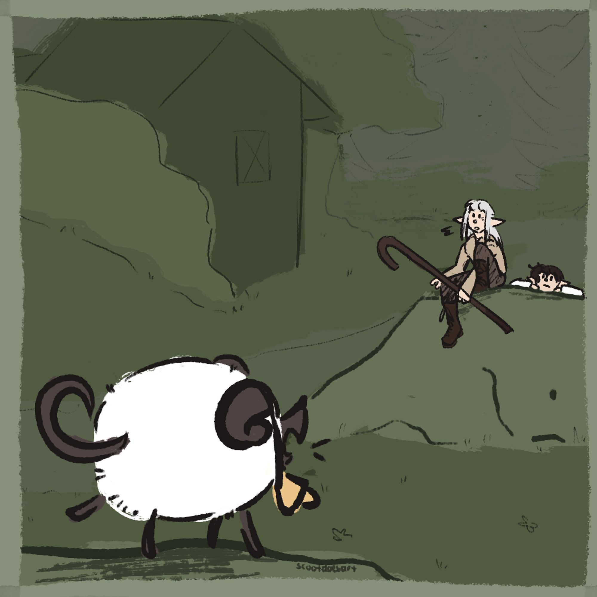 a sheep calls from the foreground, while Estinien and Aymeric watch from afar on top of a rock; the setting is a small village in Coerthas, where Estinien was said to grow up before Nidhogg destroyed it