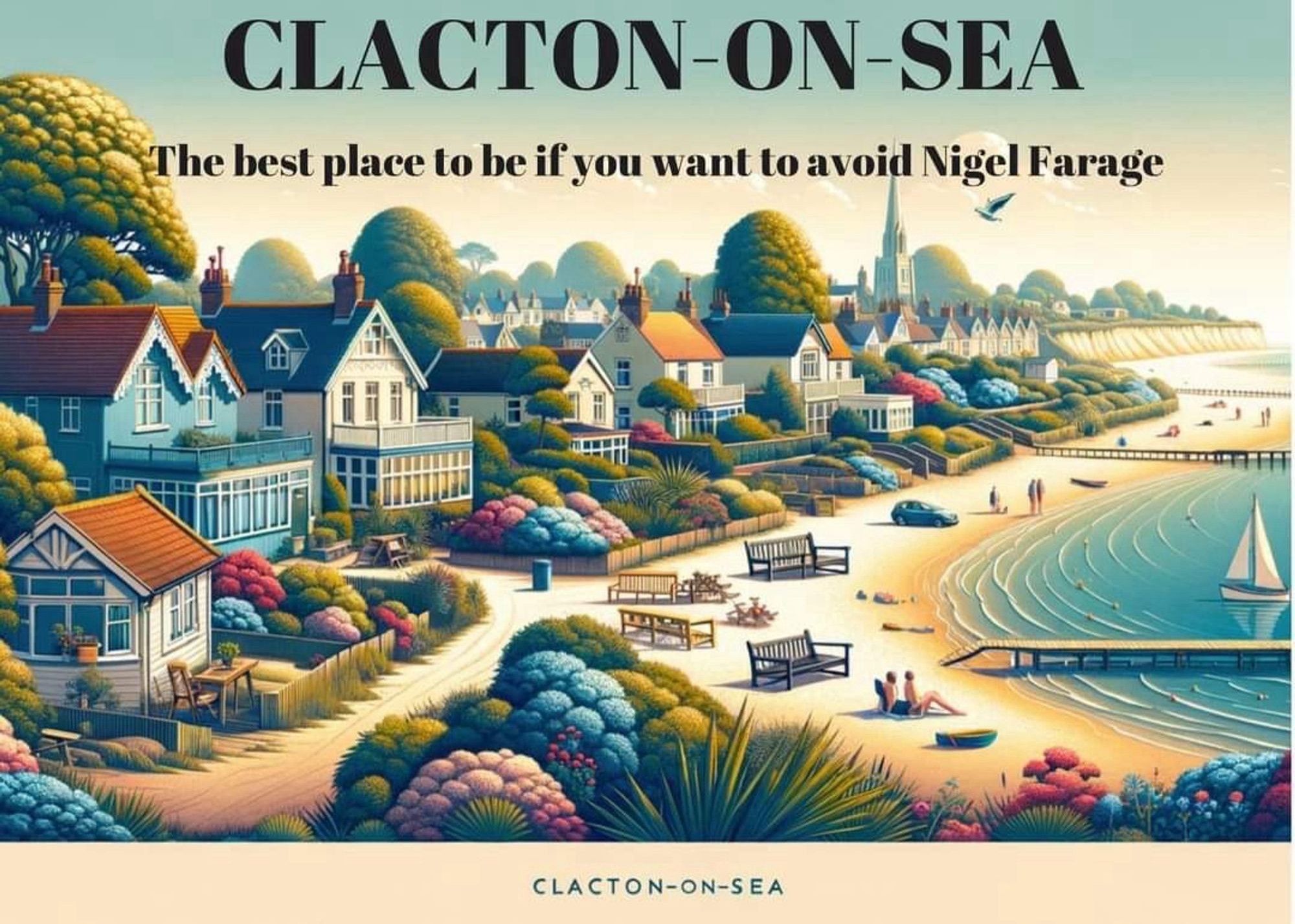 AI-generated image of "Clacton-on-Sea" with the caption "The best place to be if you want to avoid Nigel Farage"