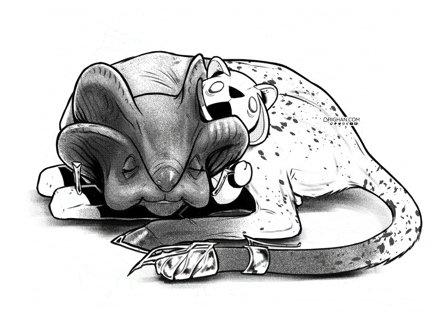 An ink painting of Tagfer from Warframe, sleeping in the same way deers do. He's cuddling with a small plushie that looks like him but it's actually Minn's.