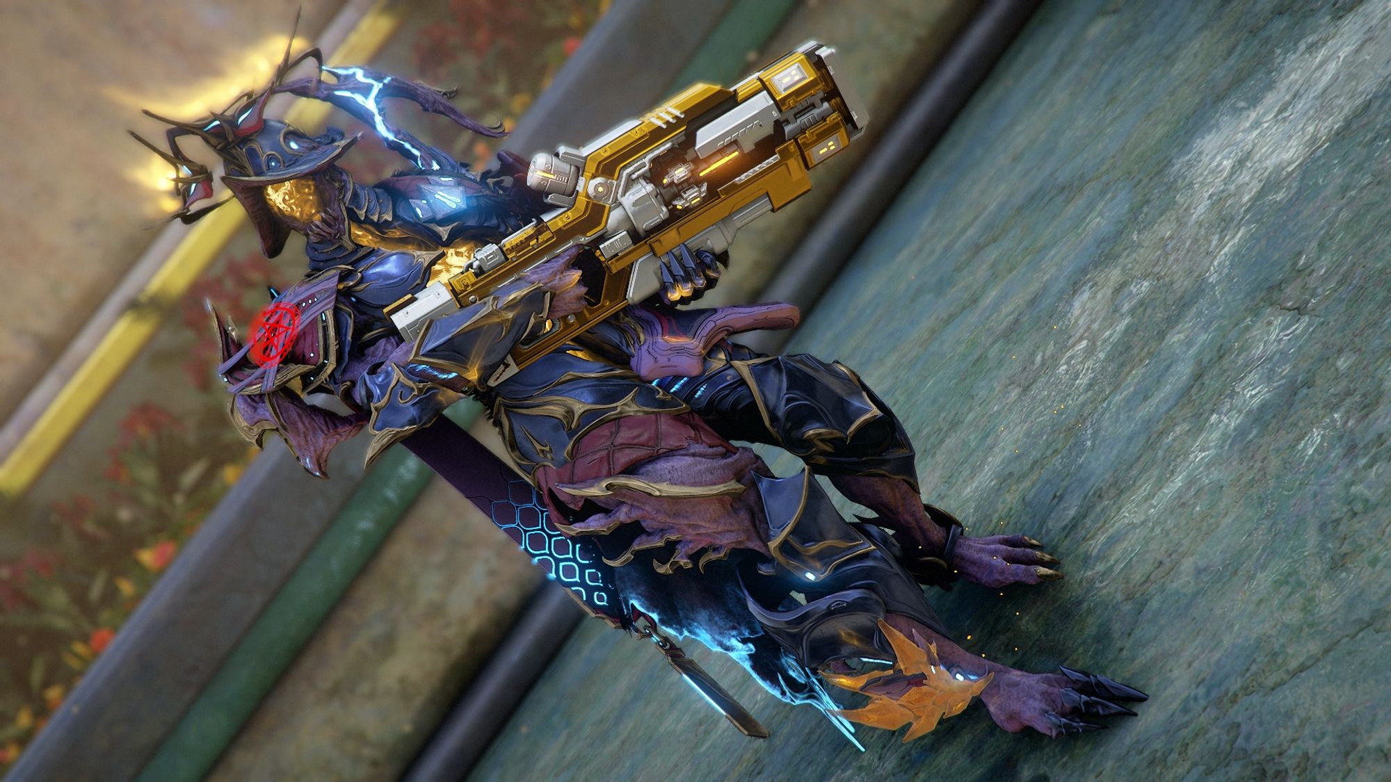 A full body screenshot of Caliban while holding the Opticor Vandal. The camera is tilted