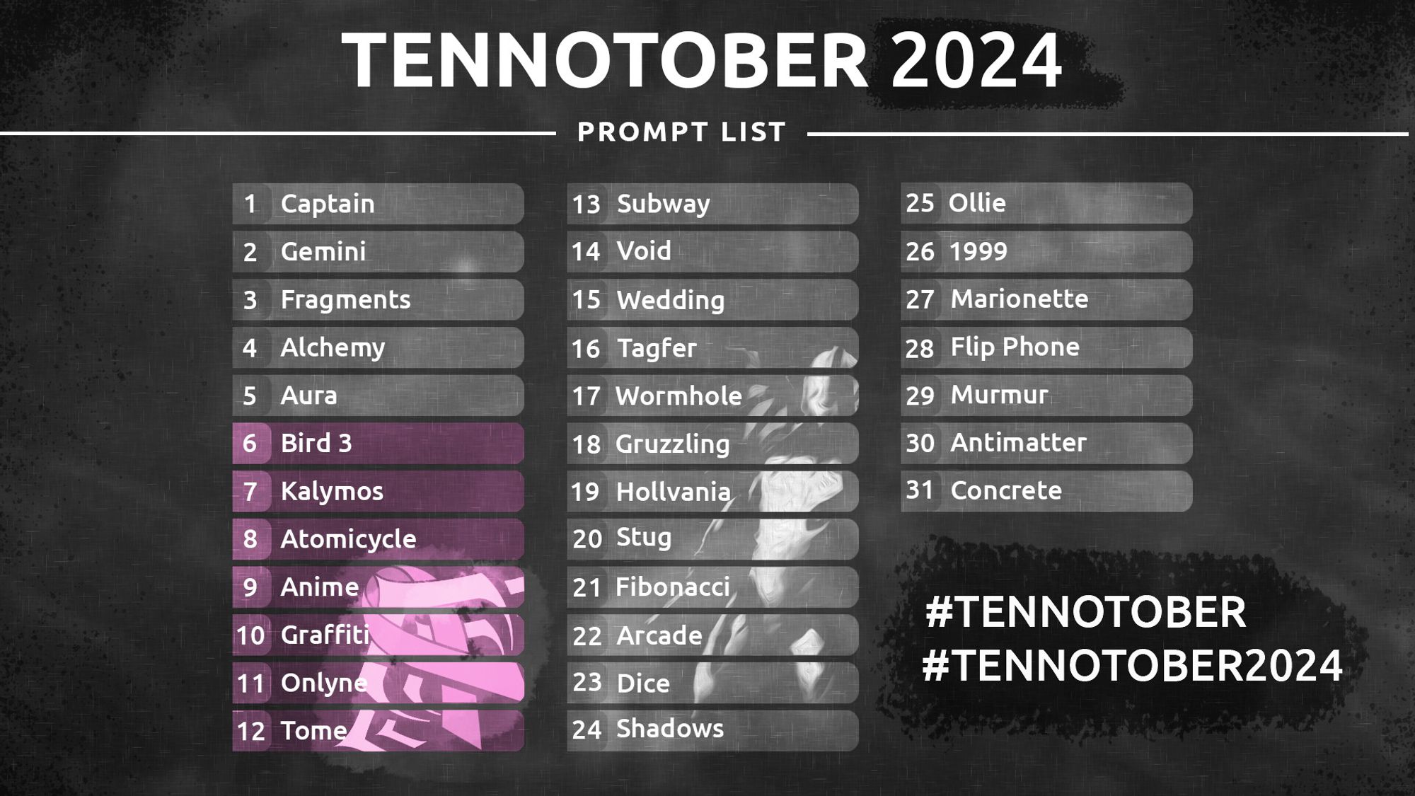 Official tennotober prompt list by Digital Extremes.