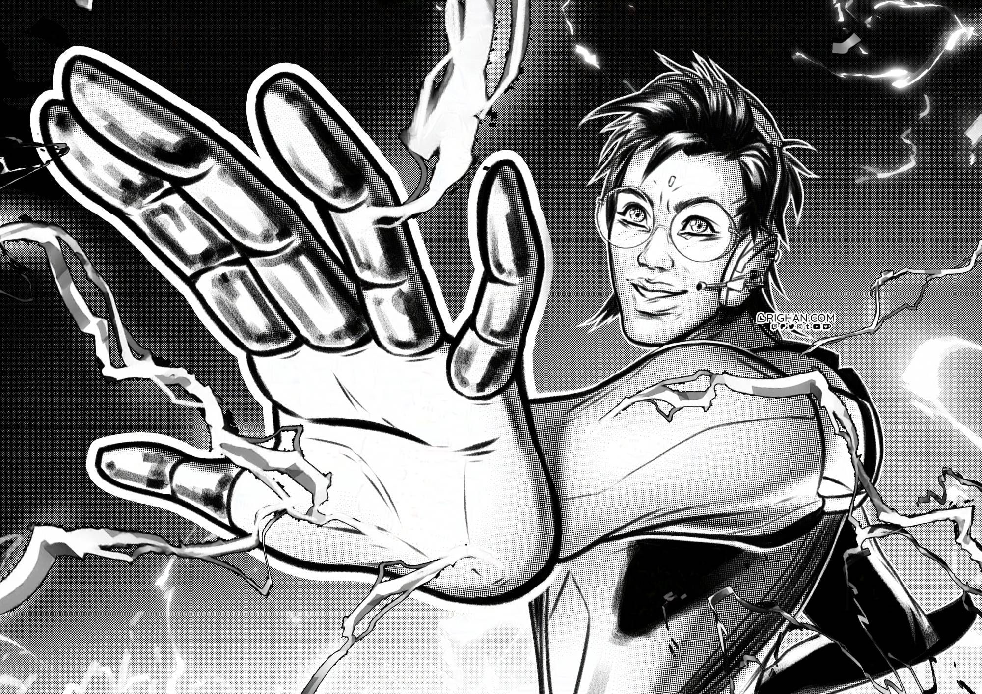 An ink illustration of Amir Beckett from Warframe. He's stretching an arm really close to camera while casting lightning volts.