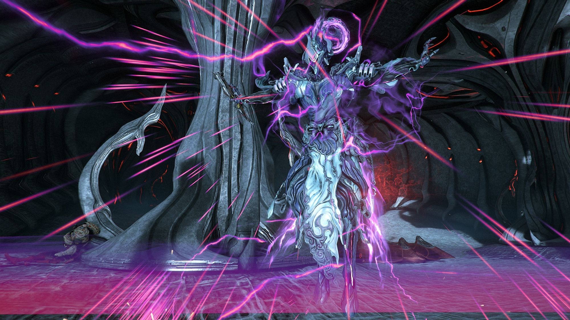 A screenshot of Volt casting the forth ability, slightly floating over the floor and stretching his arms to both of his sides.