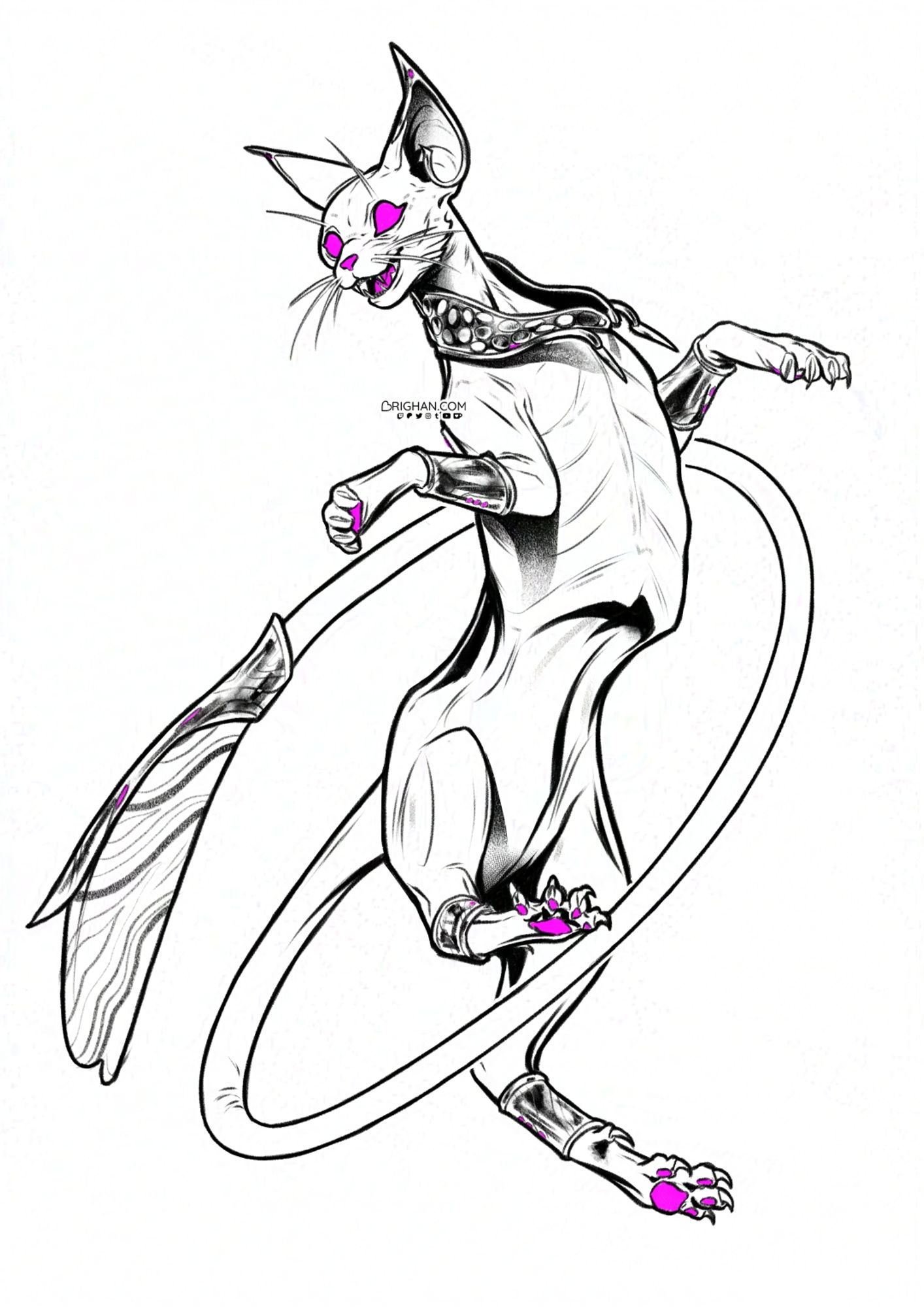 An ink drawing of Kalymos, a cat like creature from Warframe. It is jumping on the air in a playful pose while its long tail is curling on the air and around its body