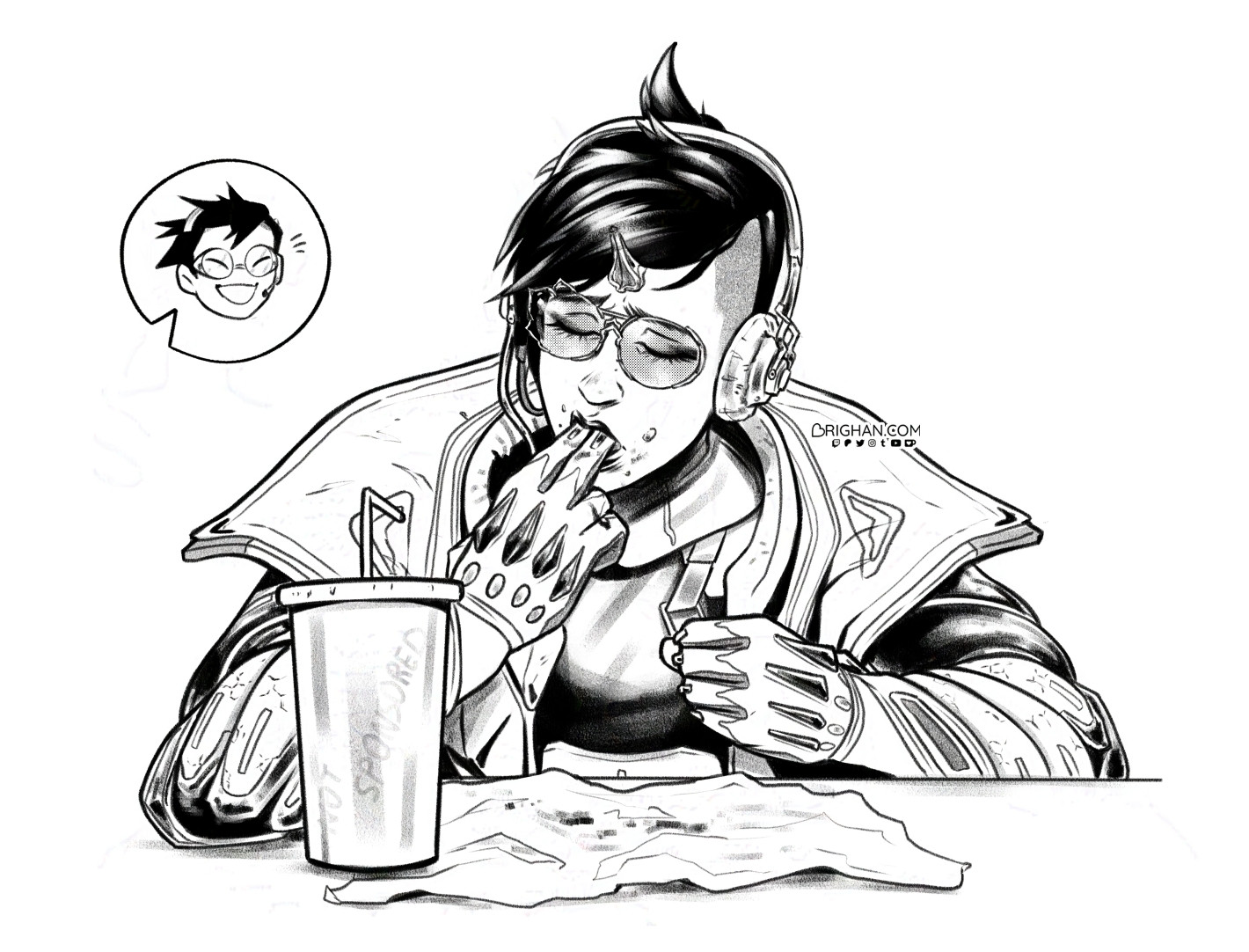 An ink illustration of my Drifter Cygnus eating just like in that one Peter Parker scene from the movie Spiderverse. There's a small bubble showing Amir's face in chibi style like he's laughing at how messy they are eating.