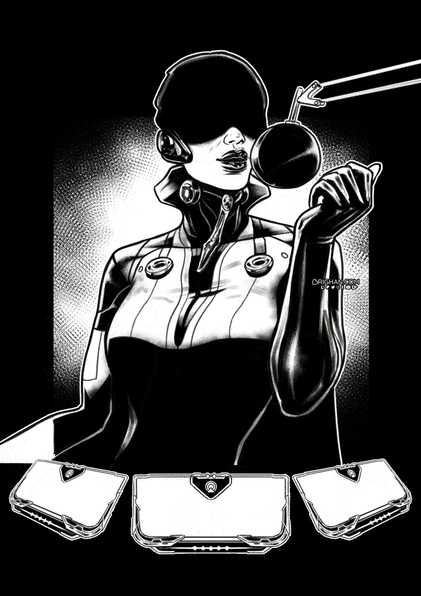 An ink illustration featuring Nora Night from Warframe. She's doing her podcast while three blank Aura mods are displayed in front of her towards the viewer. Half of her face is in shadows.