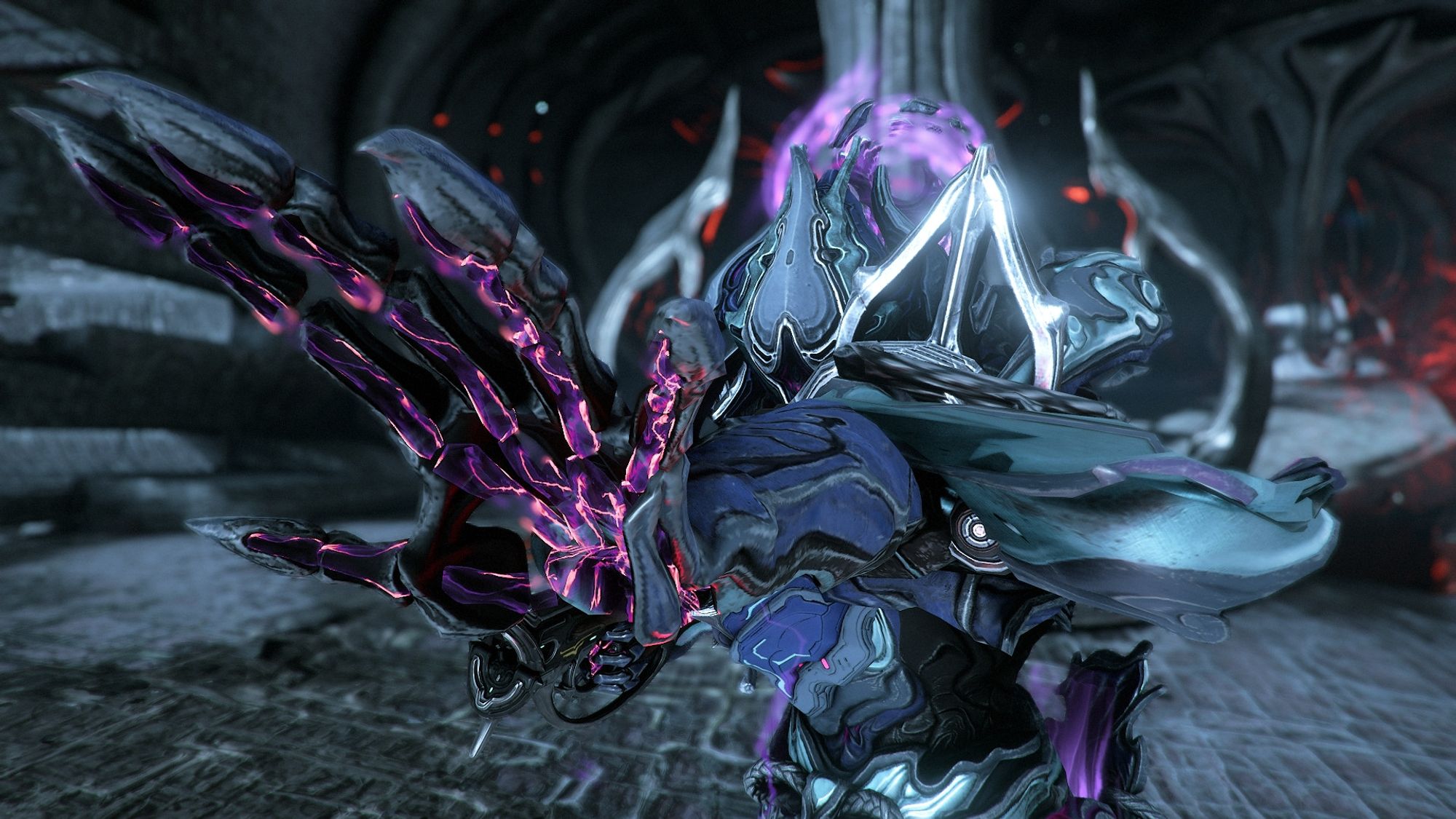 A screenshot of Volt with the Raijin skin (signa and ephemera included), however, I am using the Electrolyst helmet instead, and colors are pale silver, blue and pink and purple for the electric energy. The camera is really close to his hand as he is ready to cast some lightning volts, showing part of his "face" just over the forearm.