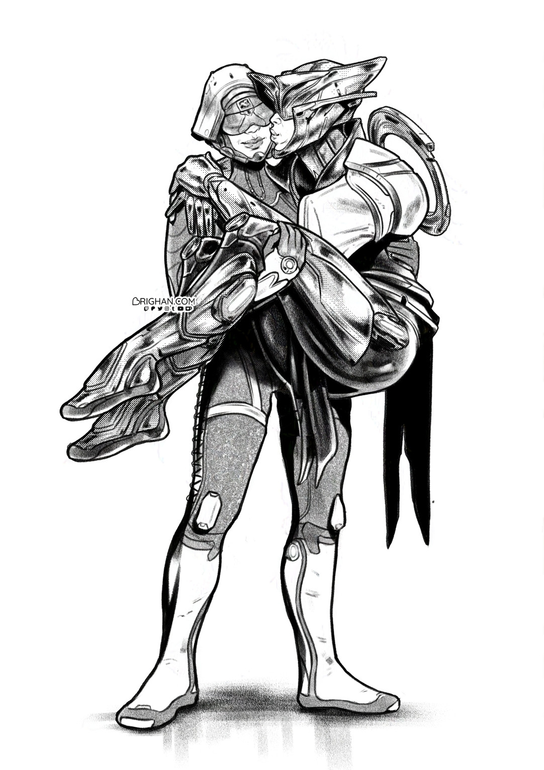 An ink illustration of Maroo and Varzia from Warframe. Varzia is still wearing her full dax armor, but she's being carried on Maroo's arms and kissing her close to the mouth. Maroo has a slight side smile.