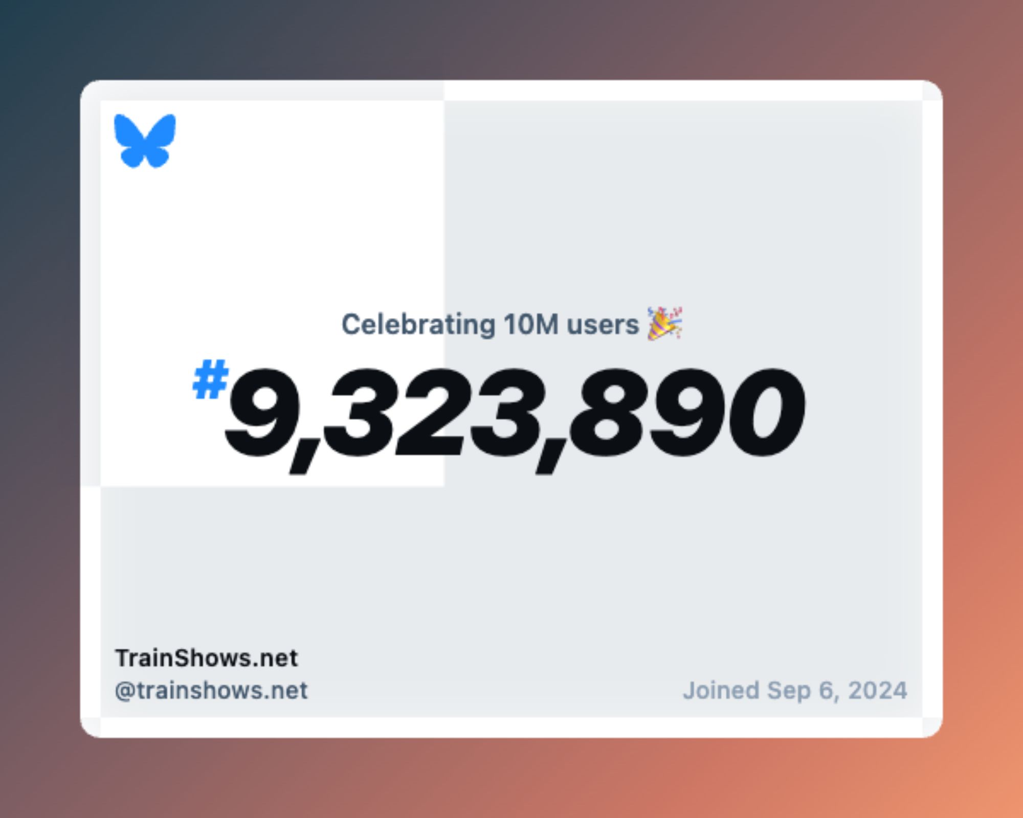 Celebrating 10M users
#9,323,890
TrainShows.net
@trainshows.net
Joined Sep 6, 2024