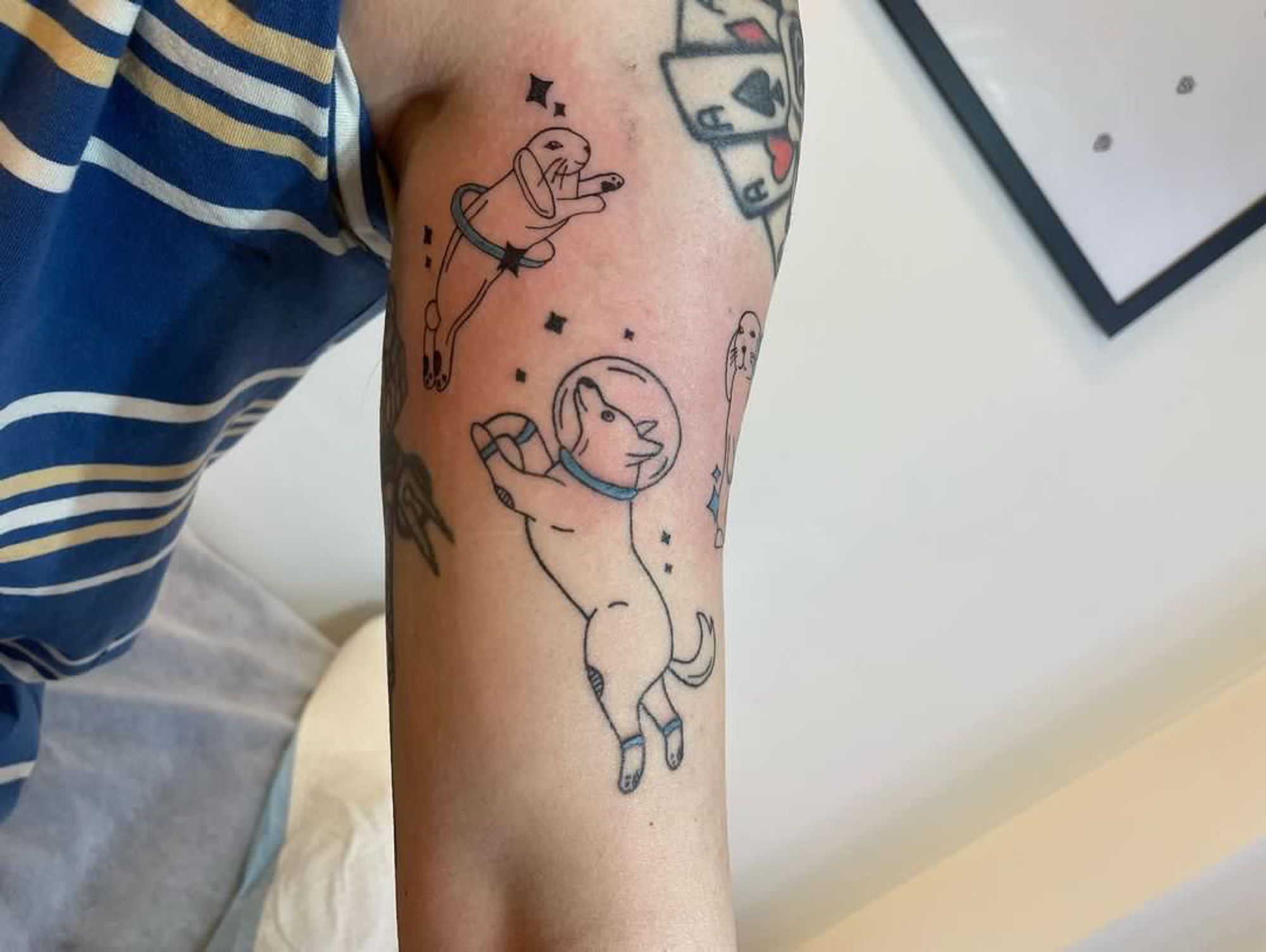 Photo of Pup Alexx's arm with a tattoo of a Dog with a space helmet, a Rabbit jumping and a skull with some playing cards 