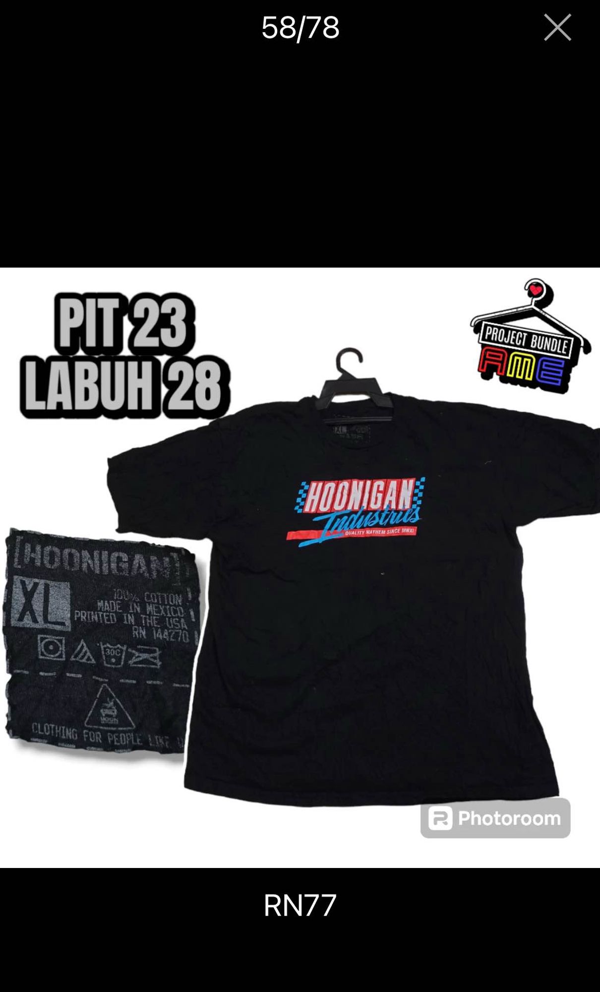 Image of a Hoonigan Racing Division shirt

On the left text translated reads:
Pits: 23
Wide: 28