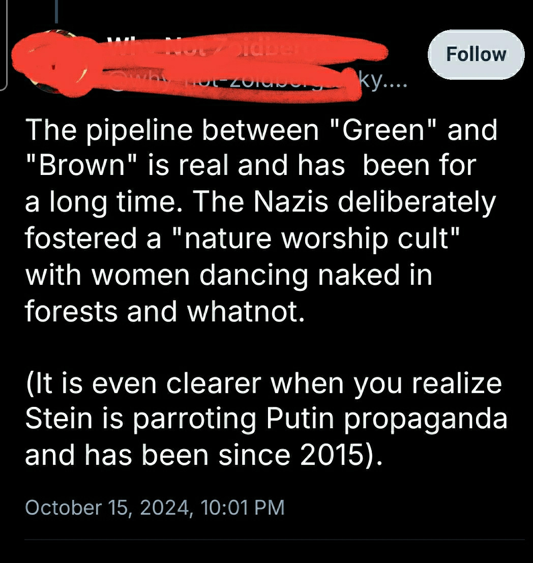 The pipeline between "Green" and "Brown" is real and has  been for a long time. The Nazis deliberately fostered a "nature worship cult" with women dancing naked in forests and whatnot. 

(It is even clearer when you realize Stein is parroting Putin propaganda and has been since 2015).