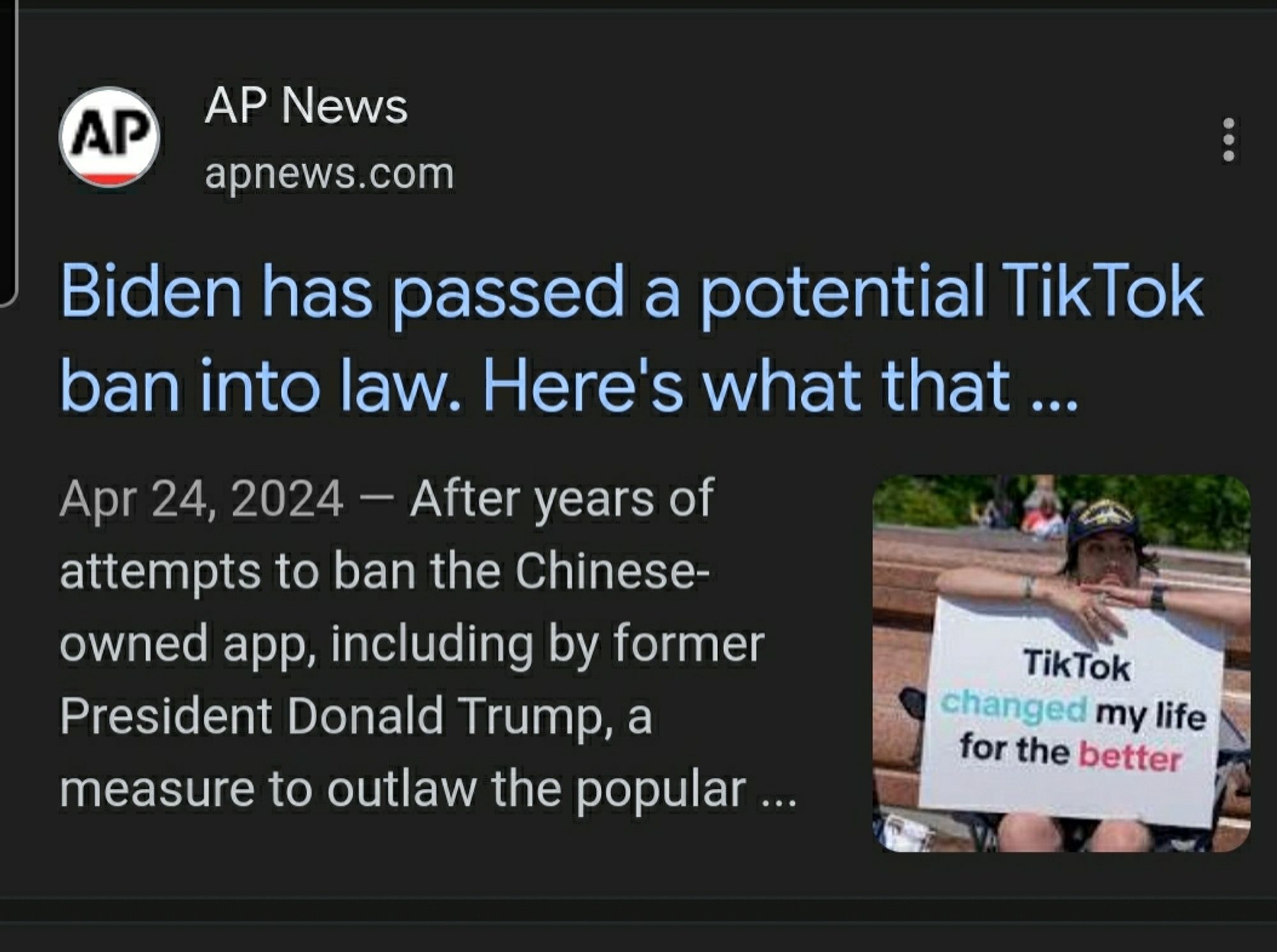 Biden has passed a potential TikTok ban into law. Here's what that ...

Apr 24, 2024 — After years of attempts to ban the Chinese-owned app, including by former President Donald Trump, a measure to outlaw the popular