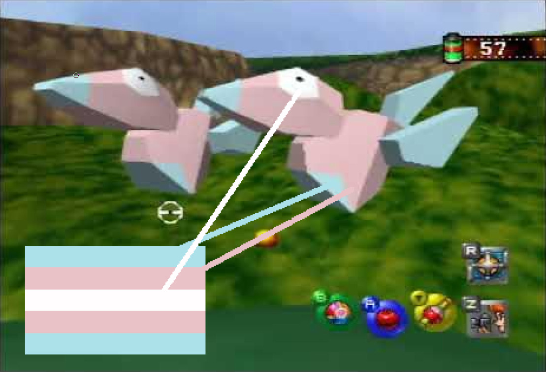 image that shows that the pokemon, porygon, shares a color scheme with the transgender pride flag. startling discovery!