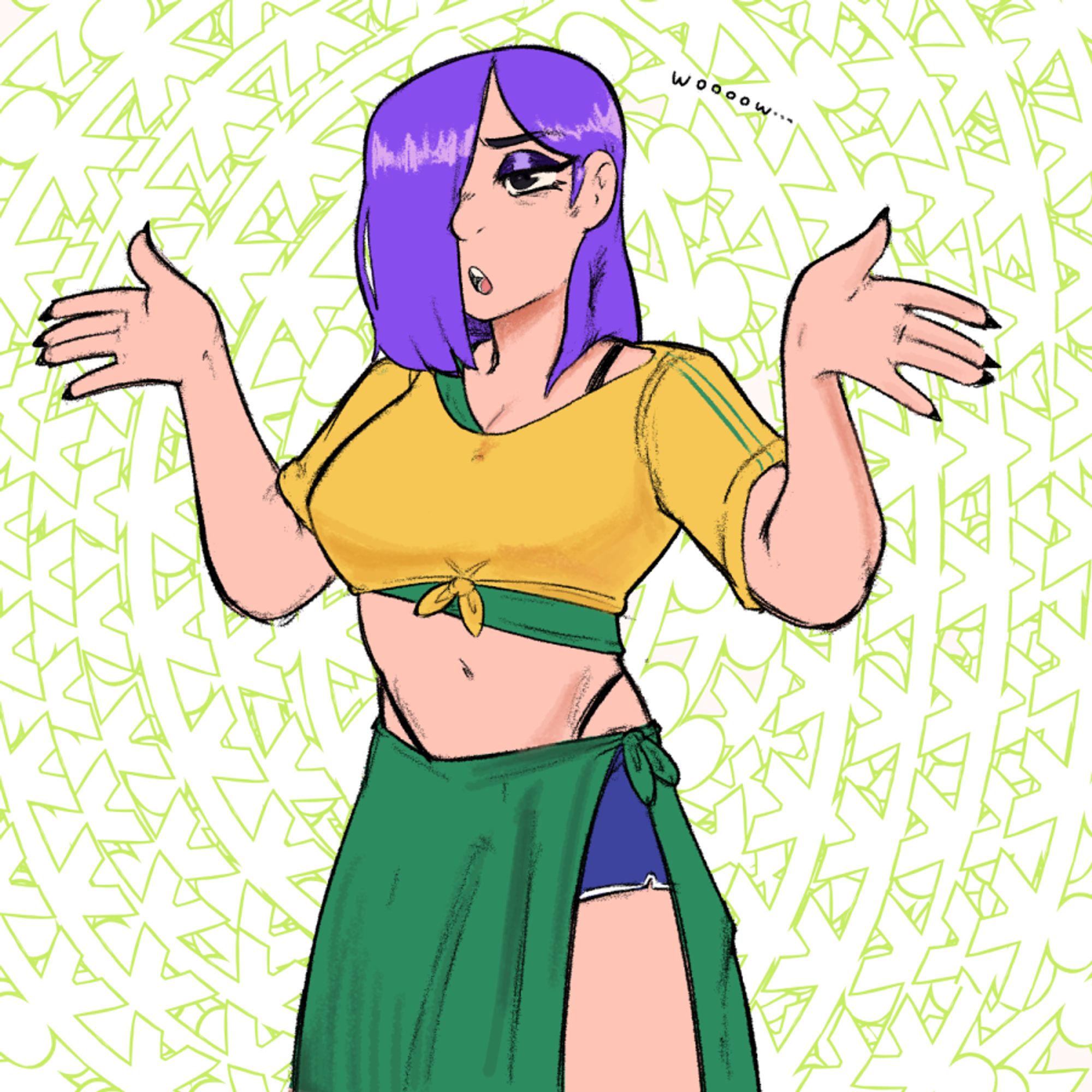 Fanart of Duolingo Lily wearing brazilian colored clothing, adorned in yellows and greens.