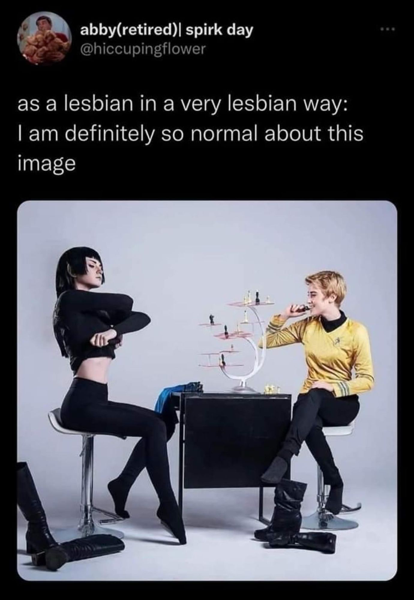 tweet from abby(retired)| spirk day @hiccupingflower

as a lesbian in a very lesbian way:
I am definitely so normal about this image

the image is a female Kirk and Spock playing strip 3-D chess. Kirk has removed her boots and is vaping while Spock has removed her boots and uniform shirt, and is in the middle of removing her undershirt.

Fascinating.