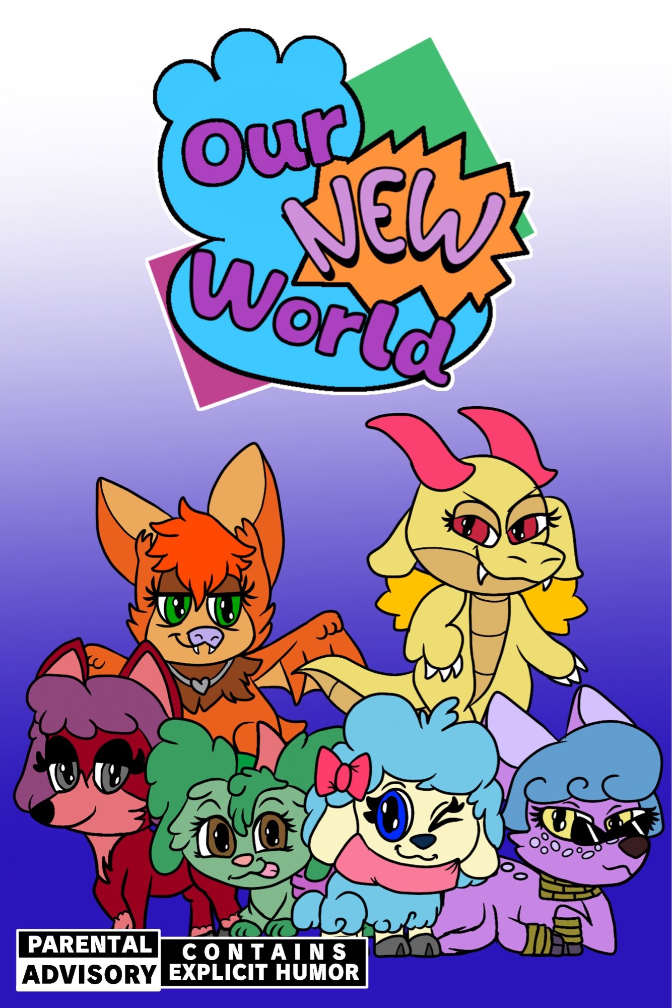 Cover art for the comic “Our New World,” featuring the main cast, from left to right: Berry the fox, Penelope the bat, Jennifer the papillon dog, Rhonda the sheep, Shiori the dragon, and Georgette the deer.