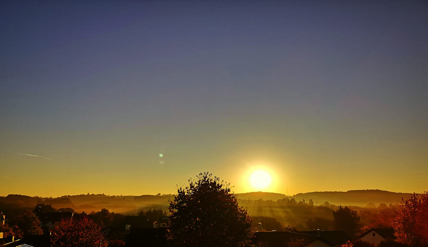 Sonnenaufgang über einer Aue. Die Sonne kommt gerade am Horizont hoch. Über der Aue liegt Nebel. Zu sehen sind Baumwipfel und Hausdächer. Der Himmel ist hellblau.