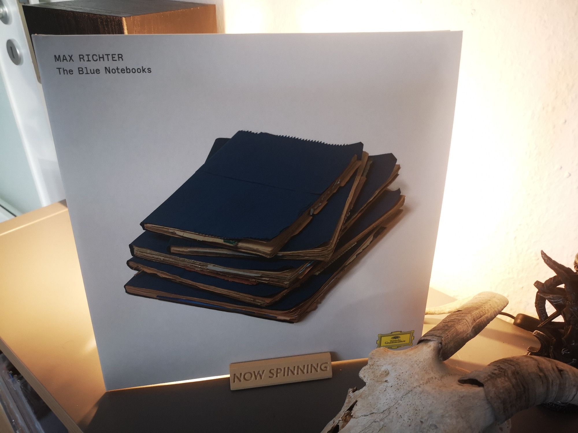 Ein weißes LP Cover, auf welchem ein Stapel alter blauer Notizbücher abgebildet ist. Aufschrift 'Max Richter - The Blue Notebooks'