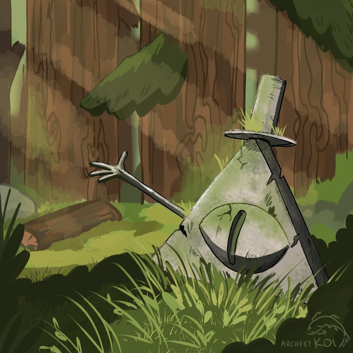 Image ID: A painting of the Bill Cipher statue from the end of the cartoon Gravity Falls. The statue, half-buried and overgrown with moss and wild grasses, is of a triangular character with one eye, a top hat, and his hand stuck straight out. in the background, a log rests in a lush forest clearing in front of  very tall and wide pine trees. Rays of sunlight are visible and cut diagonally across the painting. The artist's signature—the name "archfeykoi" with a simple fish above it—is visible in the bottom right corner against a foreground bush. End ID.