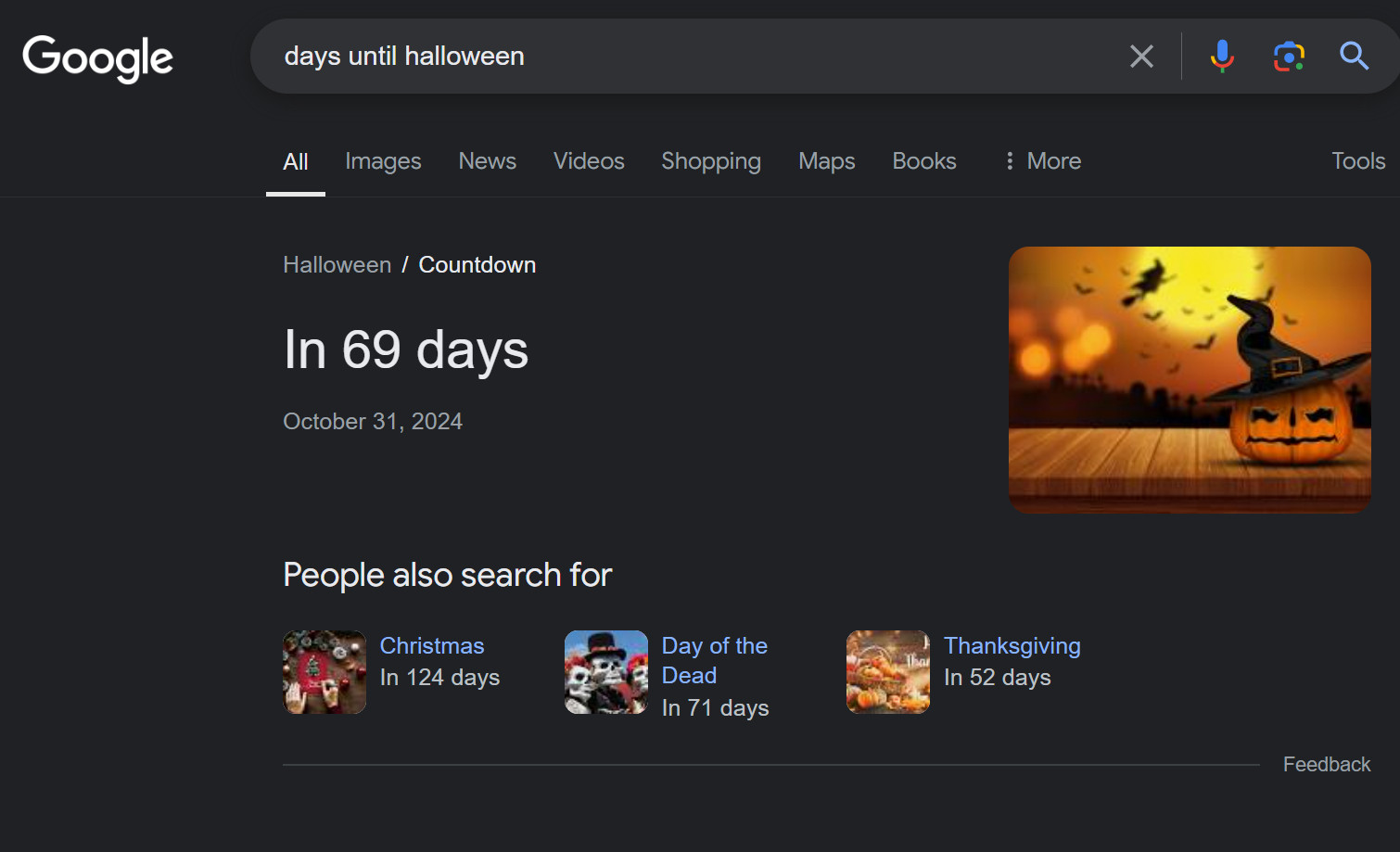 Screenshot of a Google search for "days until halloween" that shows that there are 69 days until Hallowe'en, 31 October 2024. There is a very orange image with a pumpkin wearing a witch's hat with a witch flying in the background among a cloud of bats.