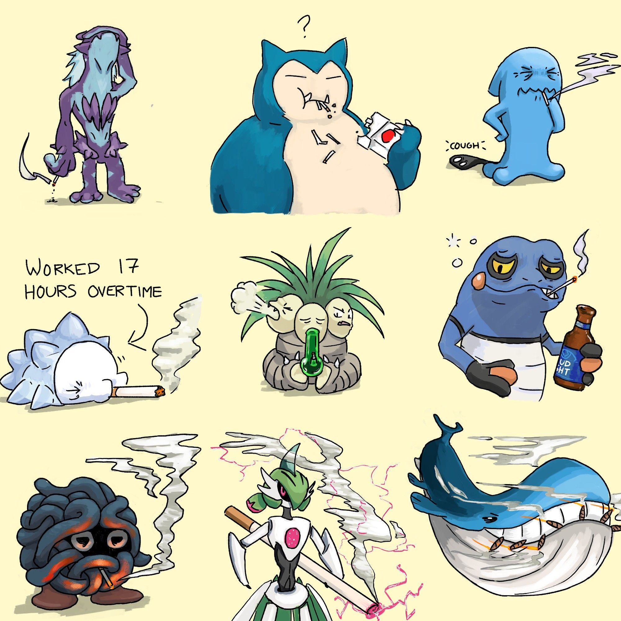 illustration: an assortment of pokemon smoking cigs.