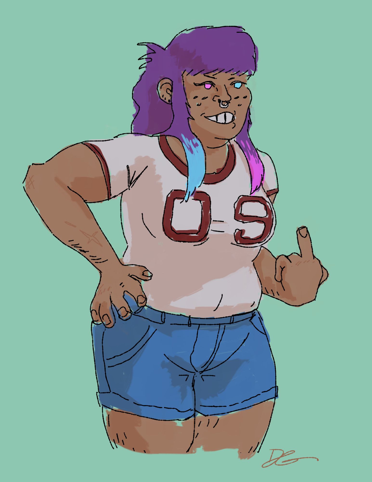 an illustration: a butchy person in shorts and a tee, purple hair, flippin the bird and grinning